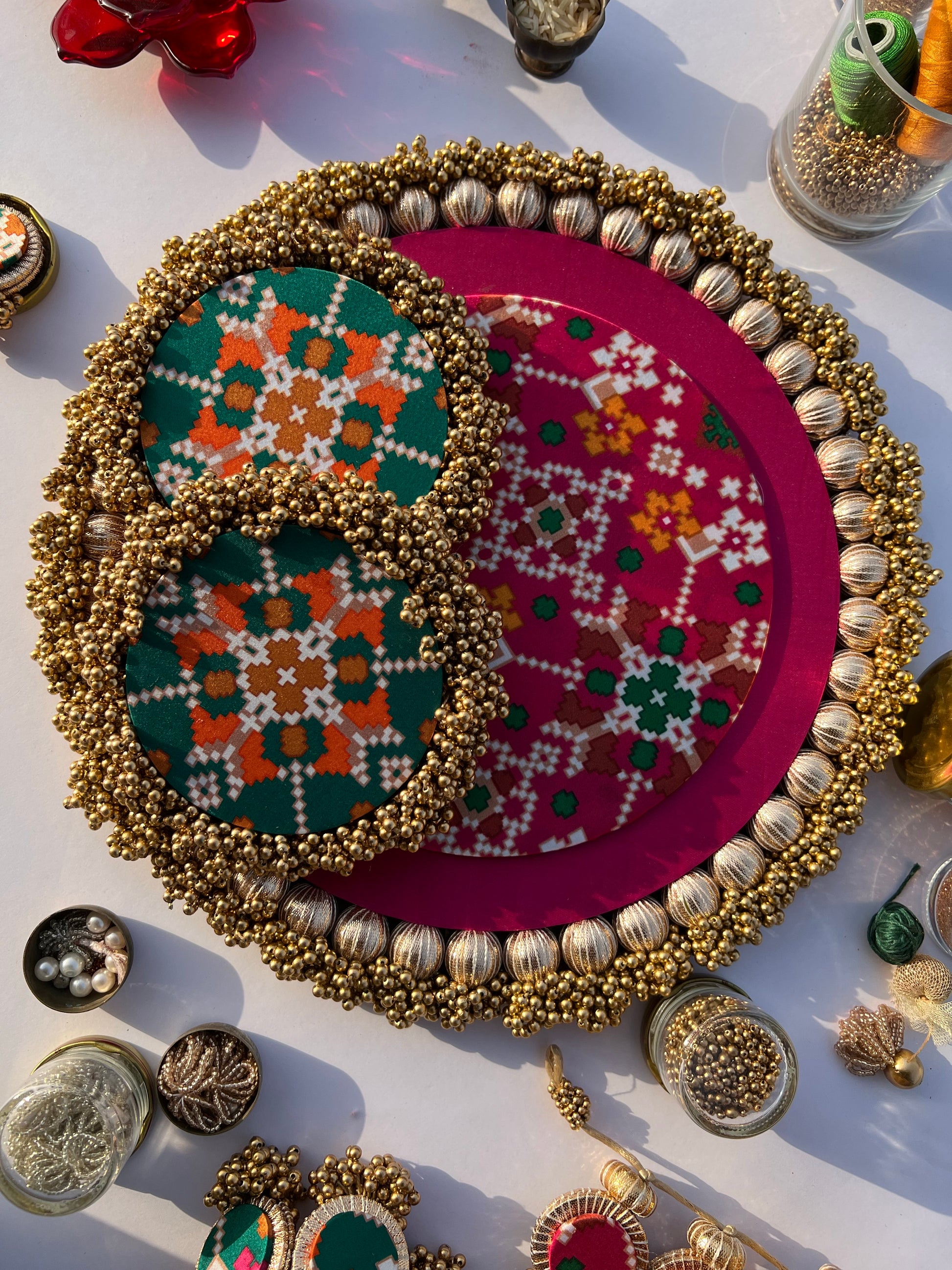 CANNOT NOT LIKE Bottle Green & Pink Navratna Patola Ensemble