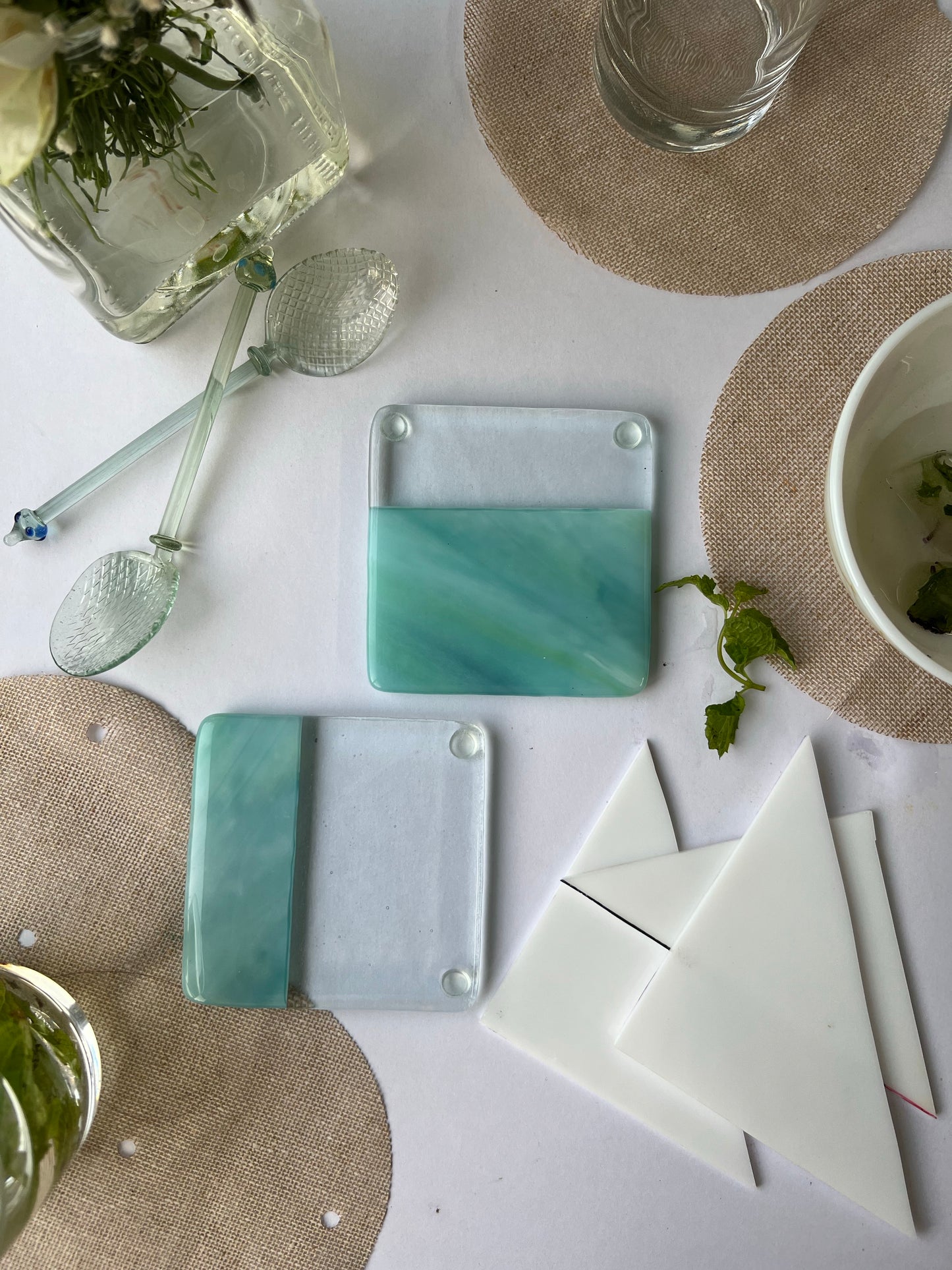 Ice Green & Clear Fused-Glass Coasters
