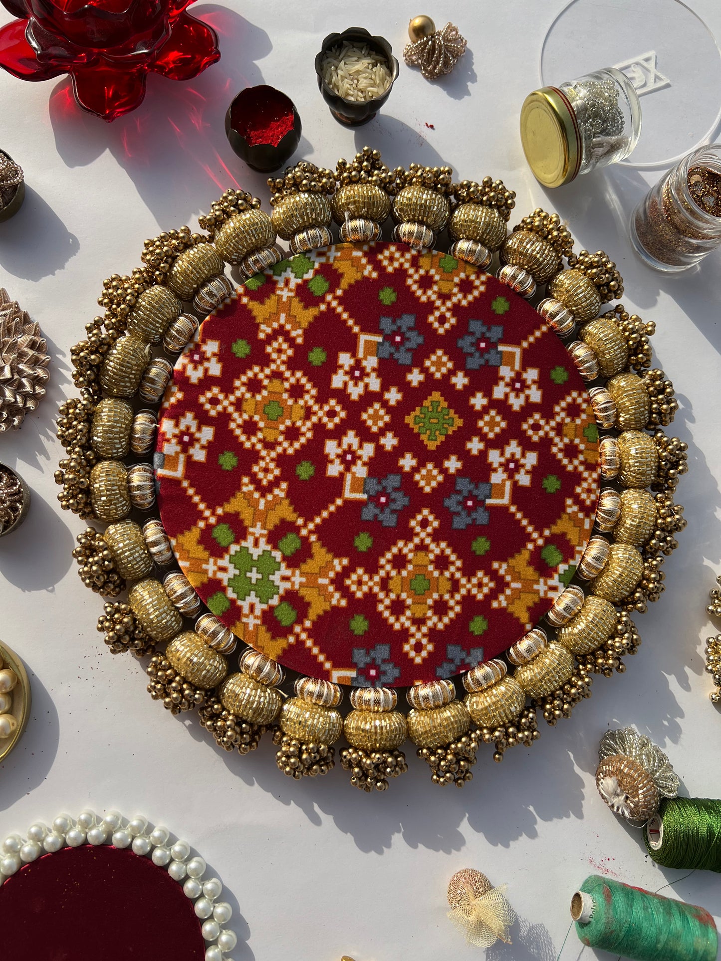 Flat Gota Chaandbali Maroon Navratna Patola & Pastel Pistachio Inflorescence Divine Pichwai Rangoli