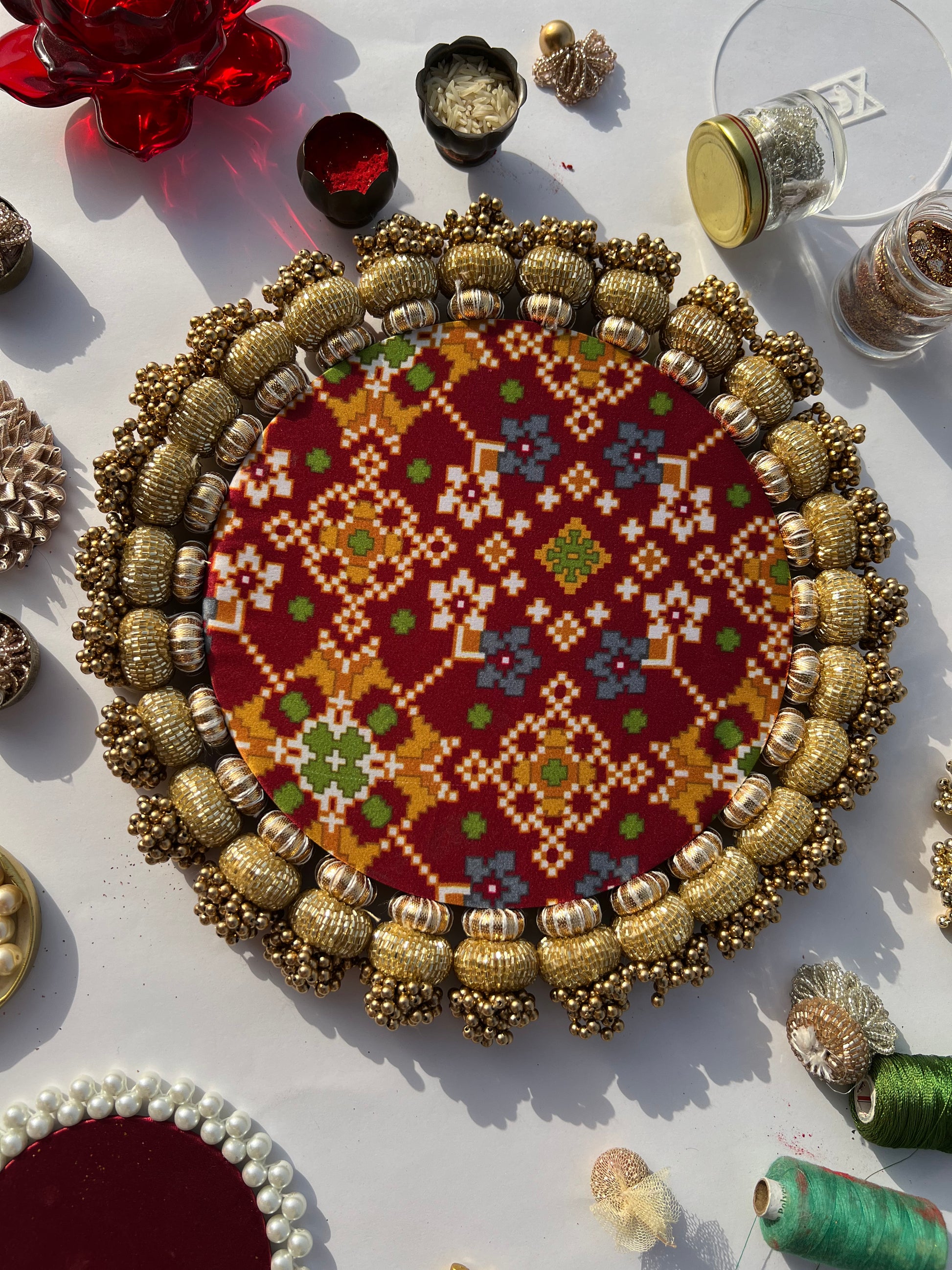 Flat Gota Chaandbali Maroon Navratna Patola & Pastel Pistachio Inflorescence Divine Pichwai Rangoli