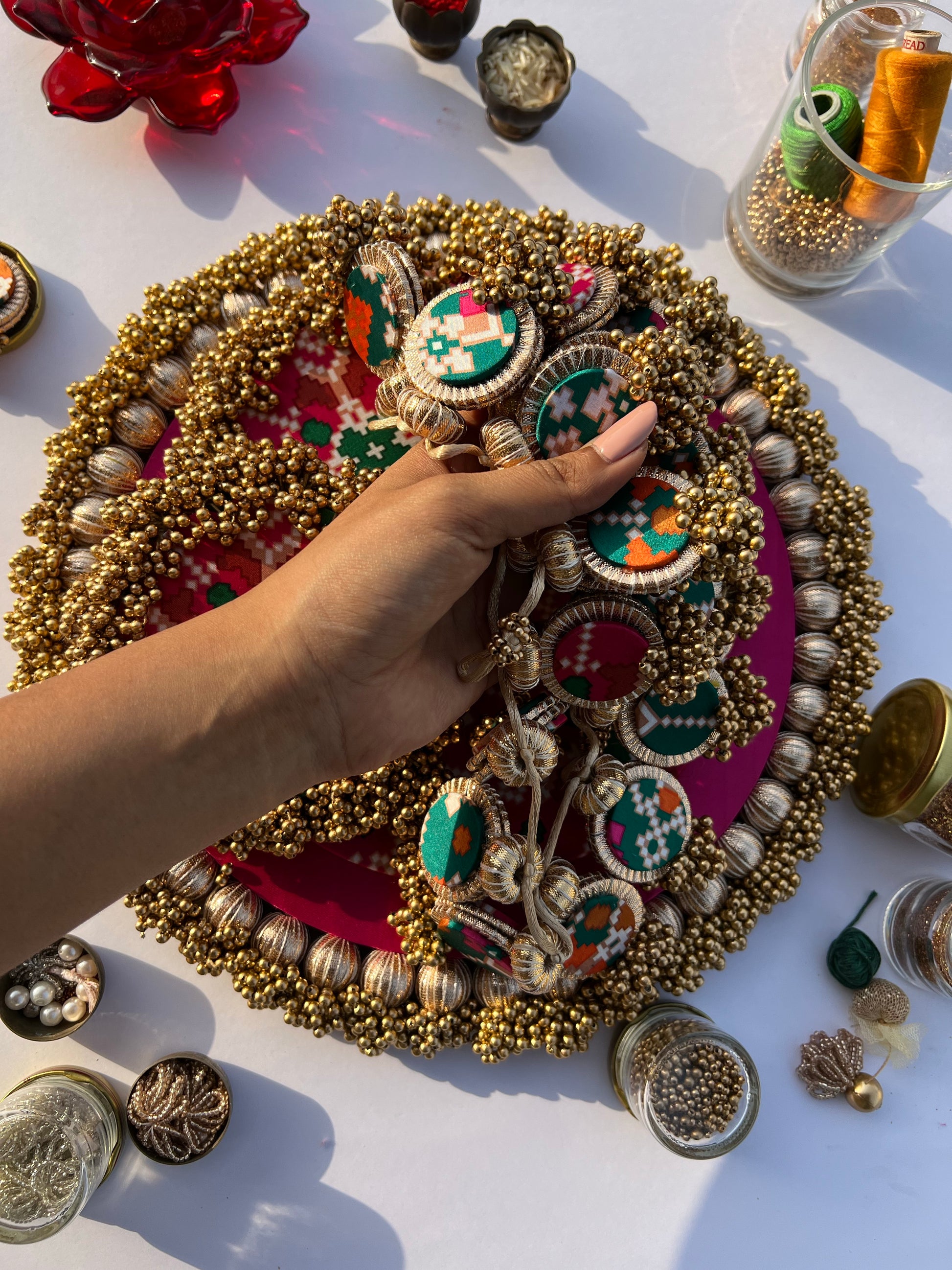 CANNOT NOT LIKE Bottle Green & Pink Navratna Patola Ensemble