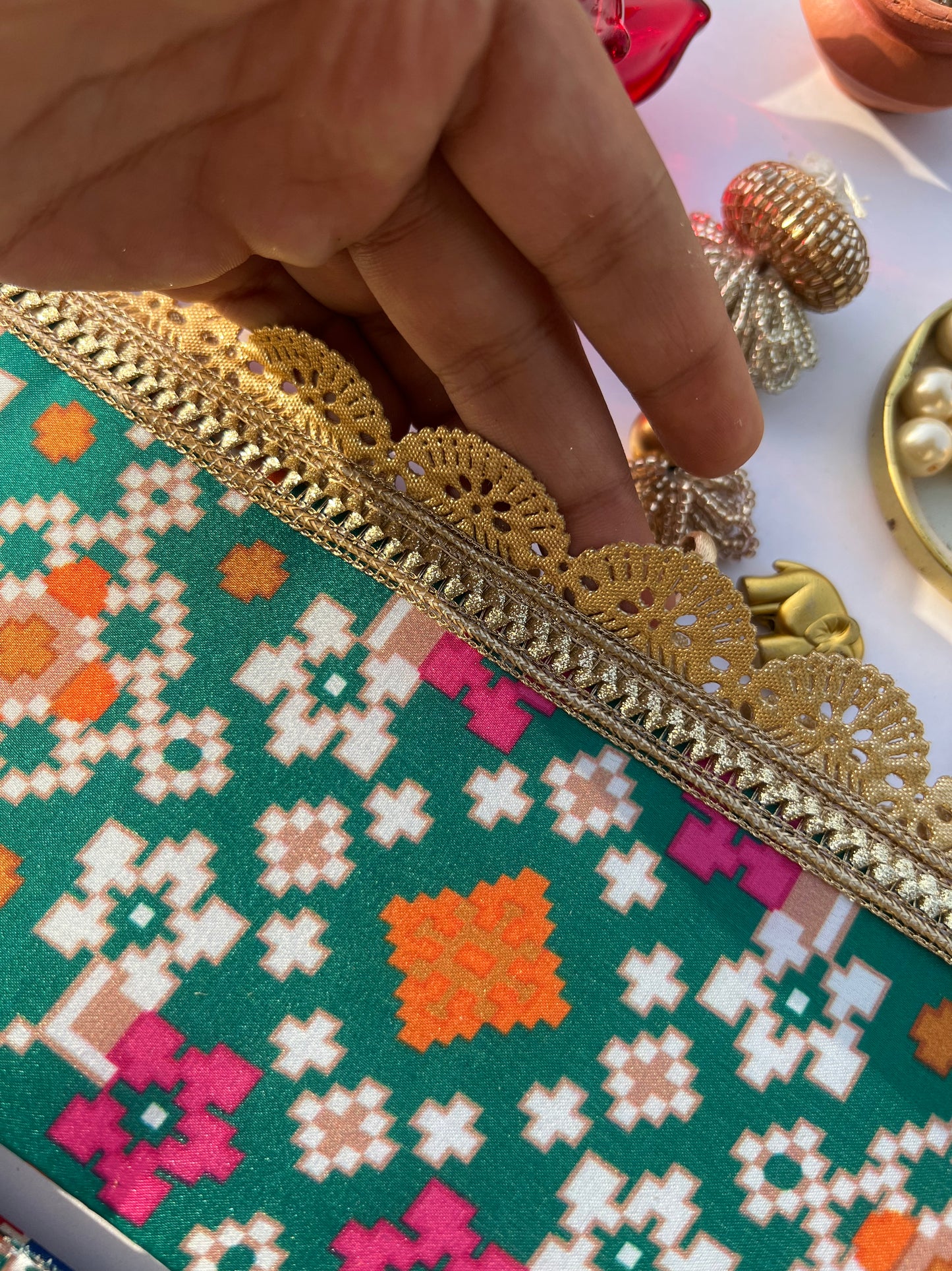 The Enchanted Chandbali: Bottle Green Navratna & Royal Blue Hathi Popat Patola Two Way Toran (SOLID)