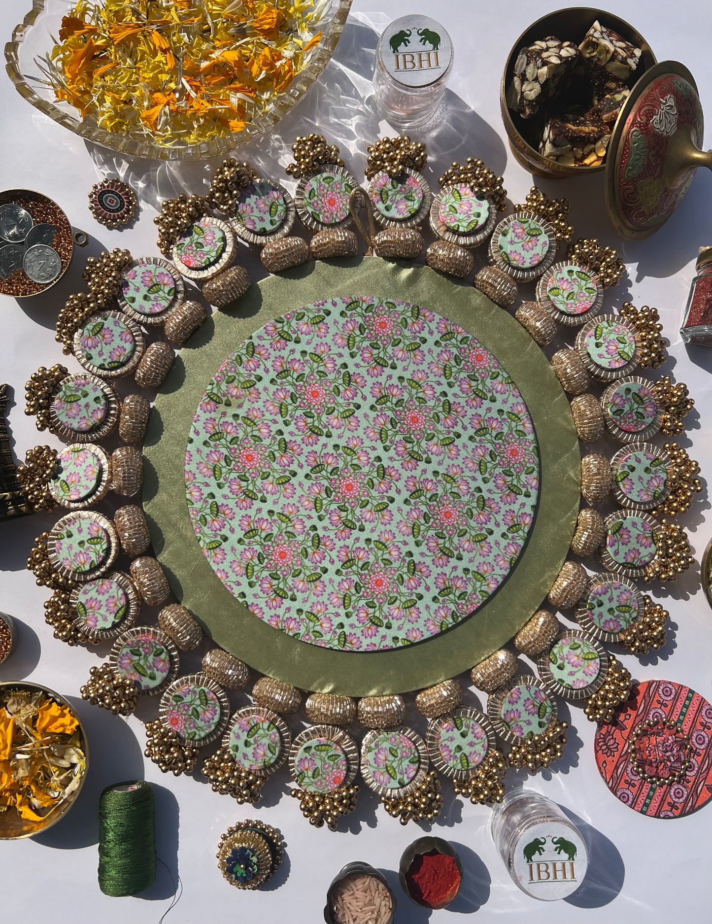 Ajrakh + Pastel Pistachio Inflorescence Divine Pichwai Glass Rhapsody Lumba Rangoli