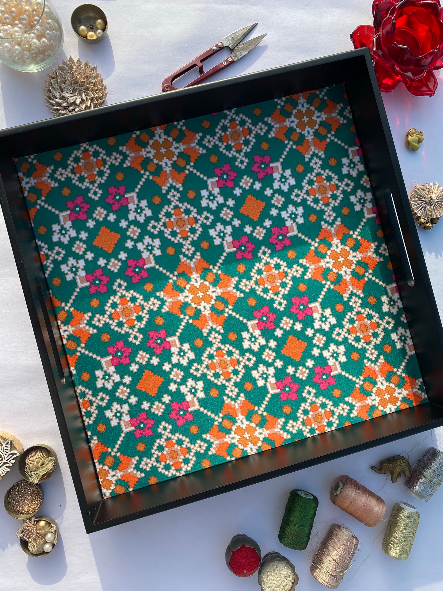Bottle Green Navratna Patola Square Multi-Purpose Tray