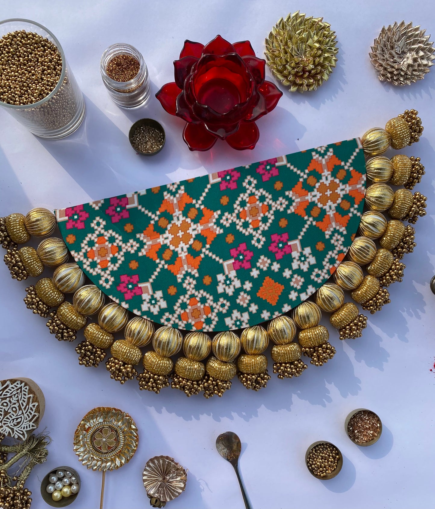 Bottle Green Navratna Patola and Inflorescence Divine Pichwai Tasseled Arc Rangoli