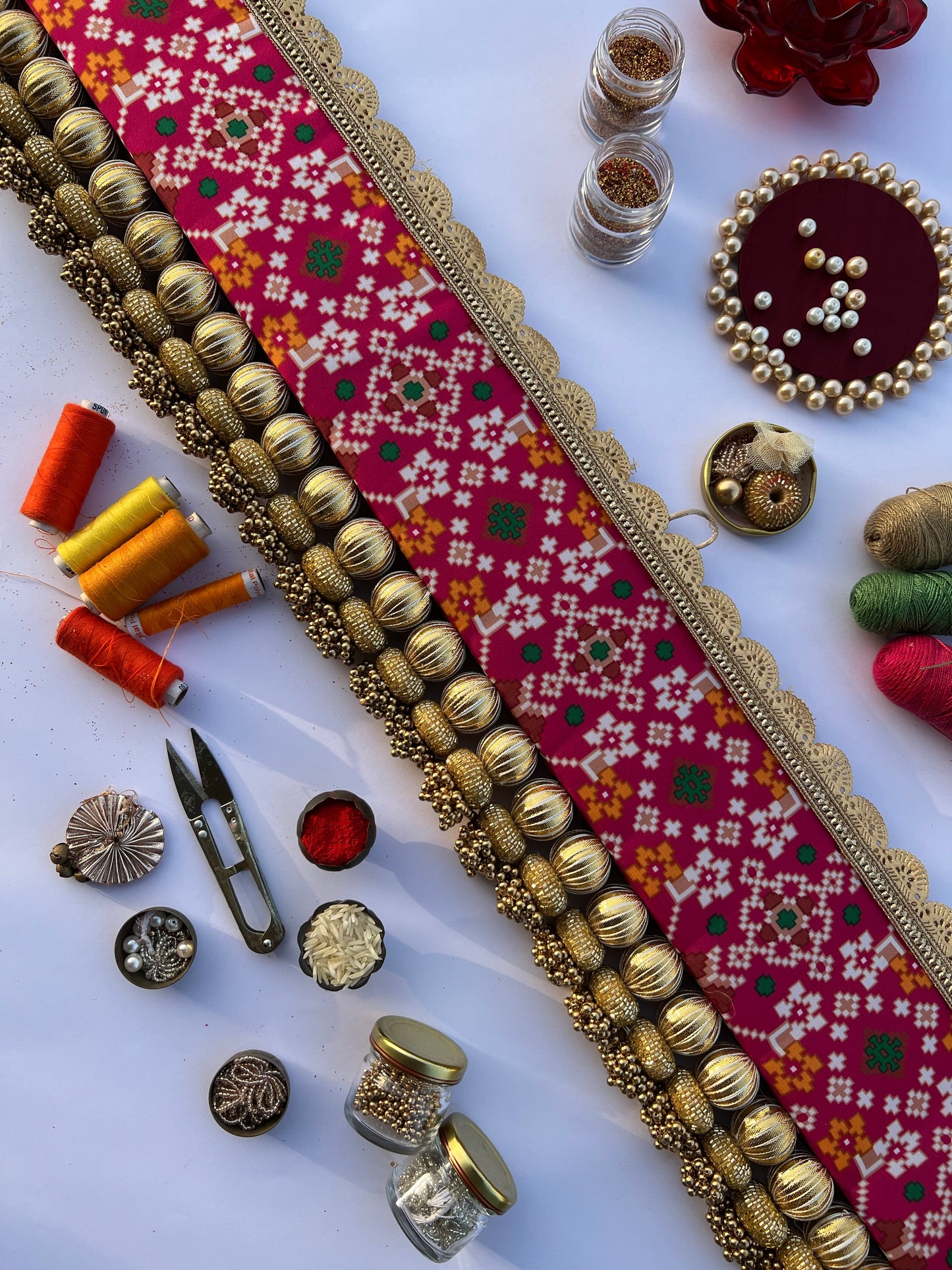 Vermillion Pichwai and Pink Navratna Patola Tasseled Toran
