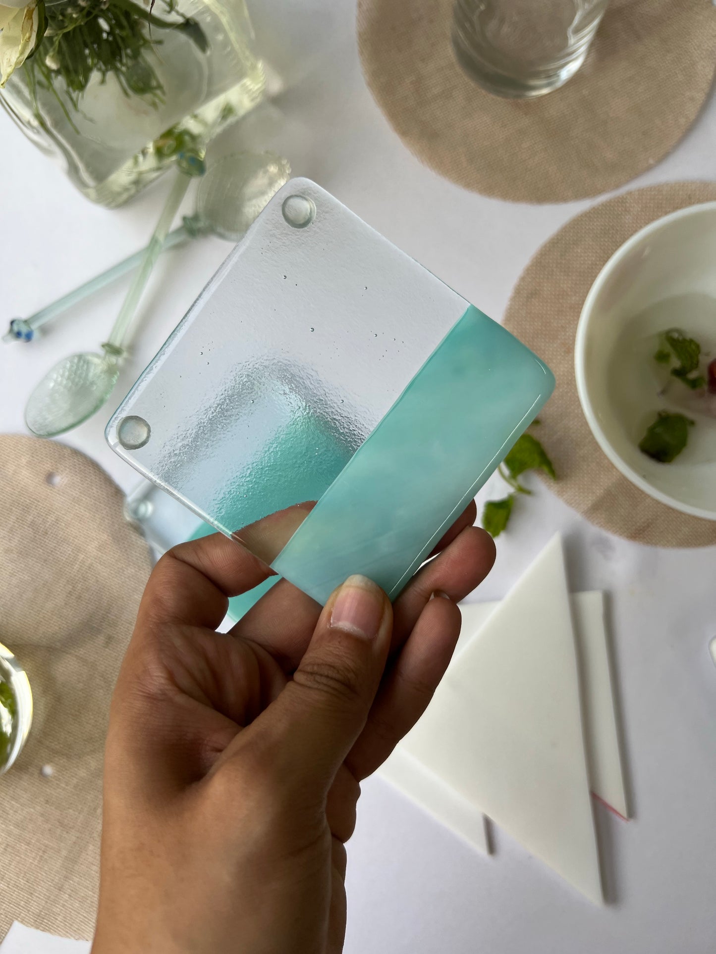 Ice Green & Clear Fused-Glass Coasters