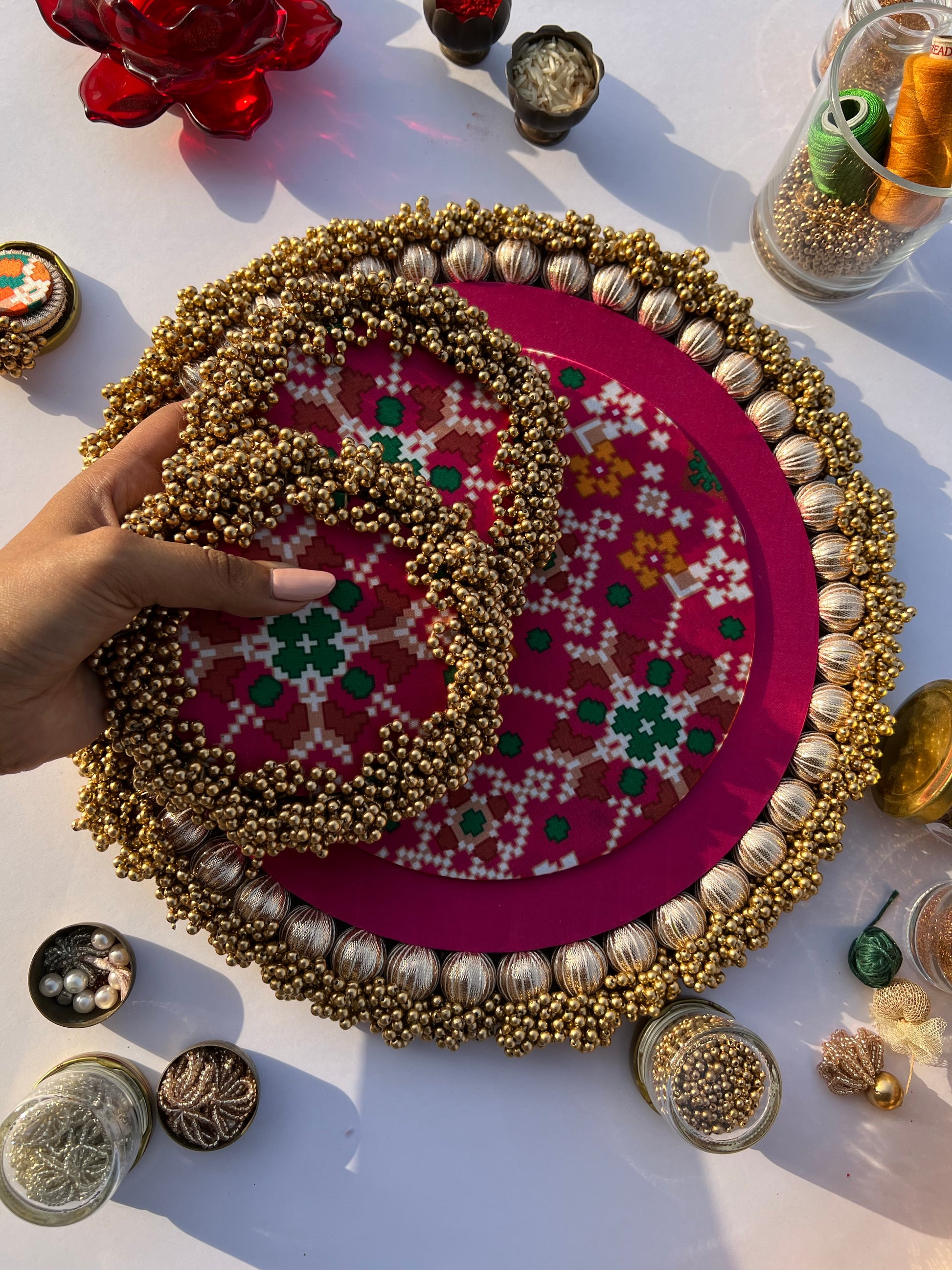 CANNOT NOT LIKE Bottle Green & Pink Navratna Patola Ensemble