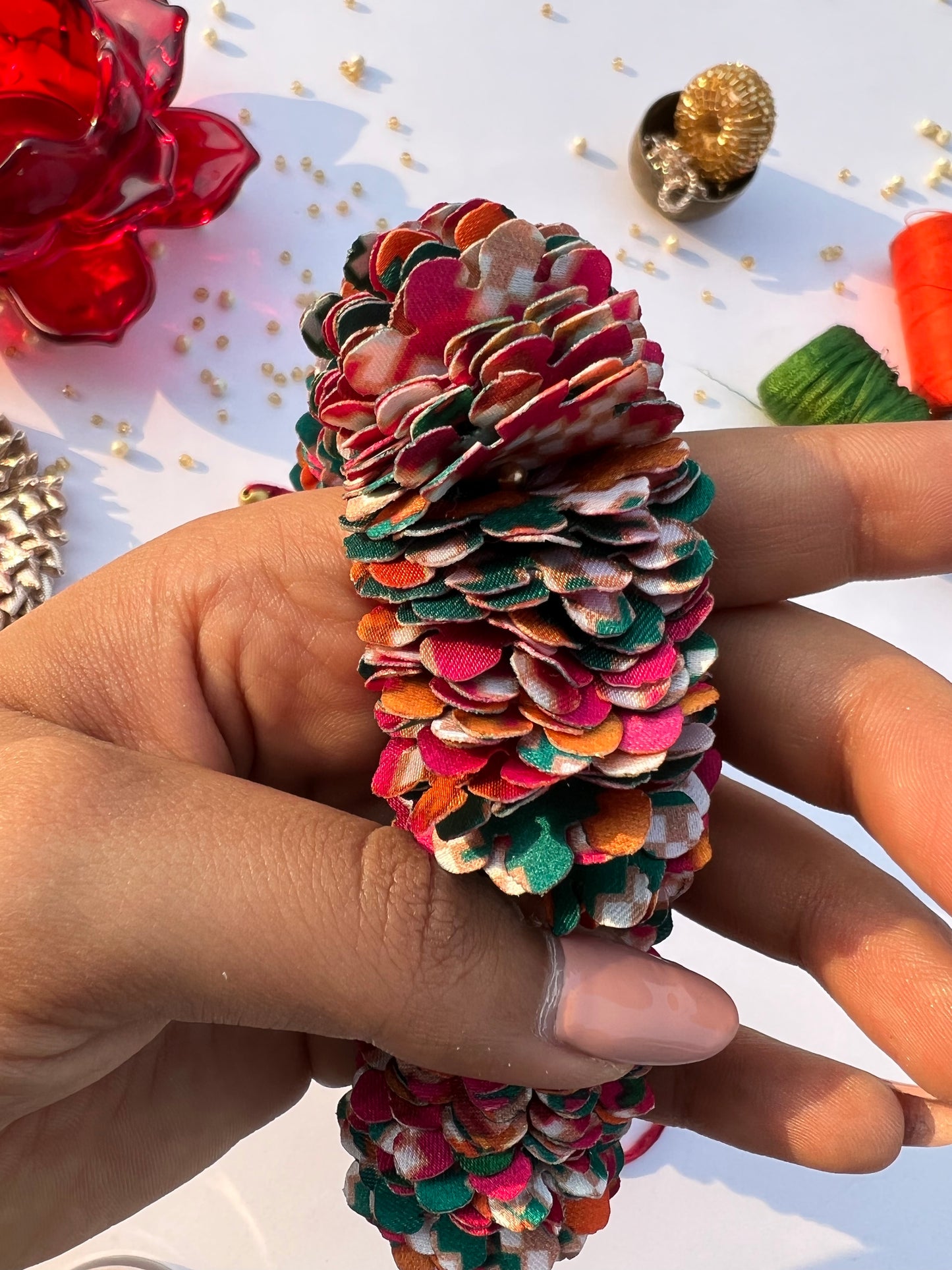 Pink & Bottle Green Navratna Patola Gajra- FLOWER GARLAND FOR HAIR