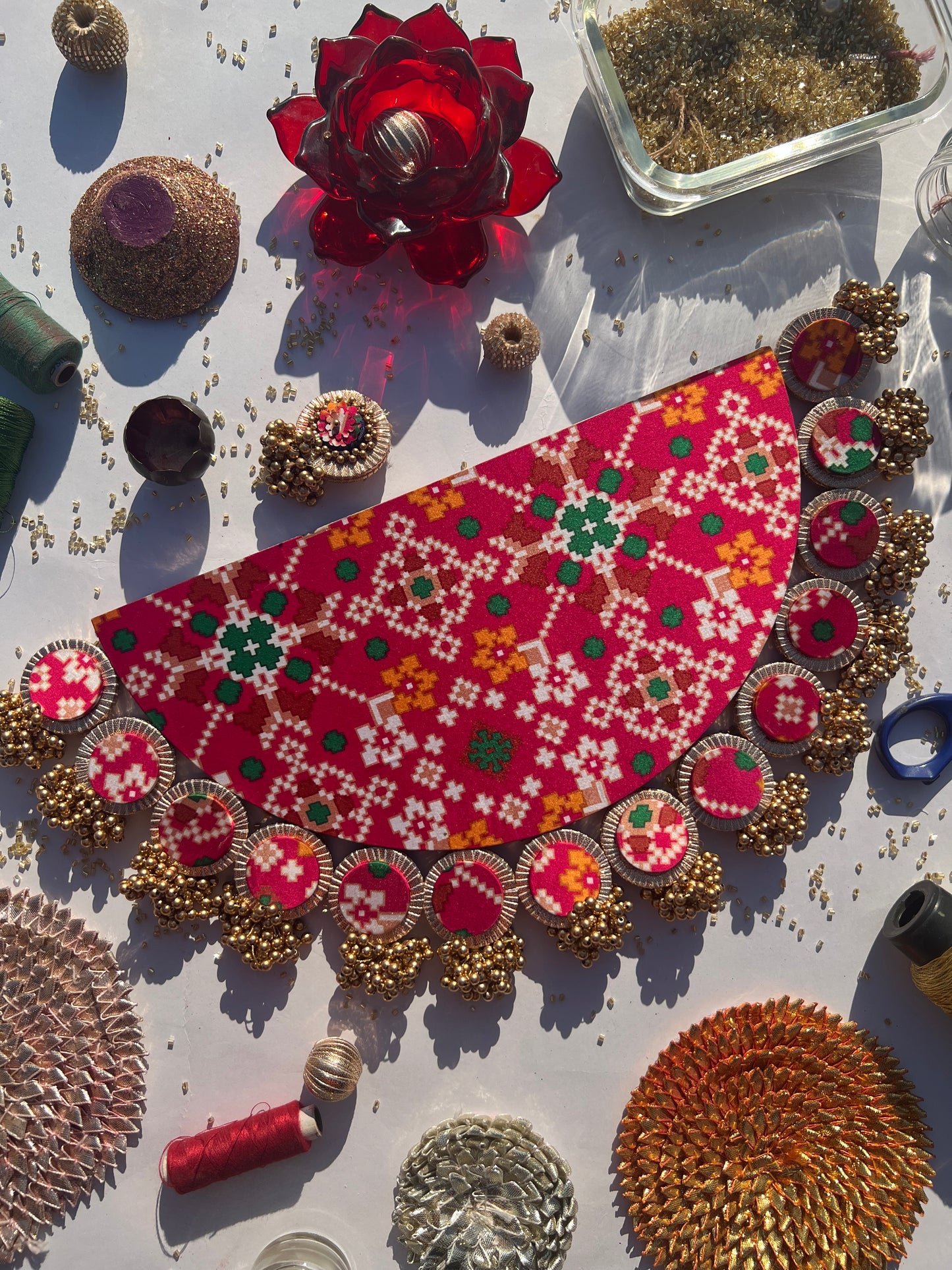 Maroon Navratna Patola and Pink Navratna Patola Arc Lumba Rangoli