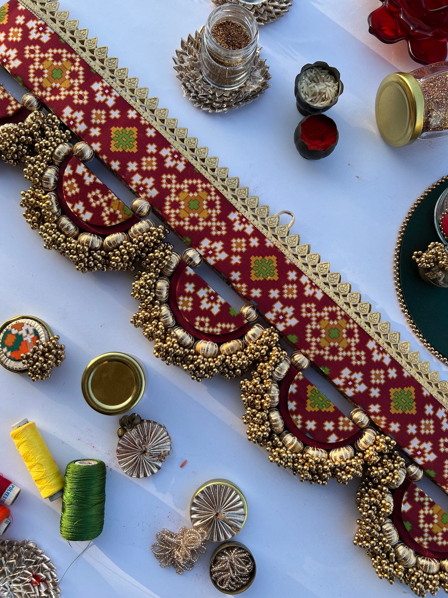 THE SLEEK: Maroon Navratna Patola and Inflorescence Divine Pichwai Classic Arc Toran