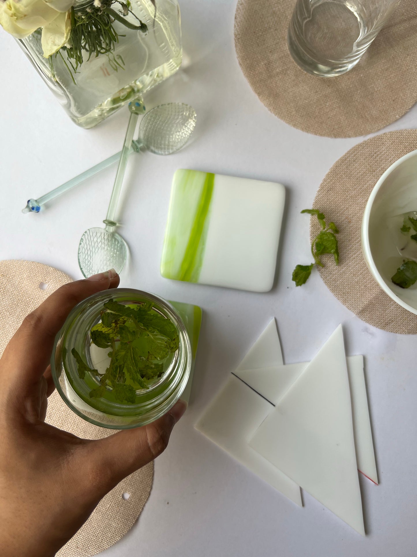 Verdure Green & Solid Milk White Fused-Glass Coasters