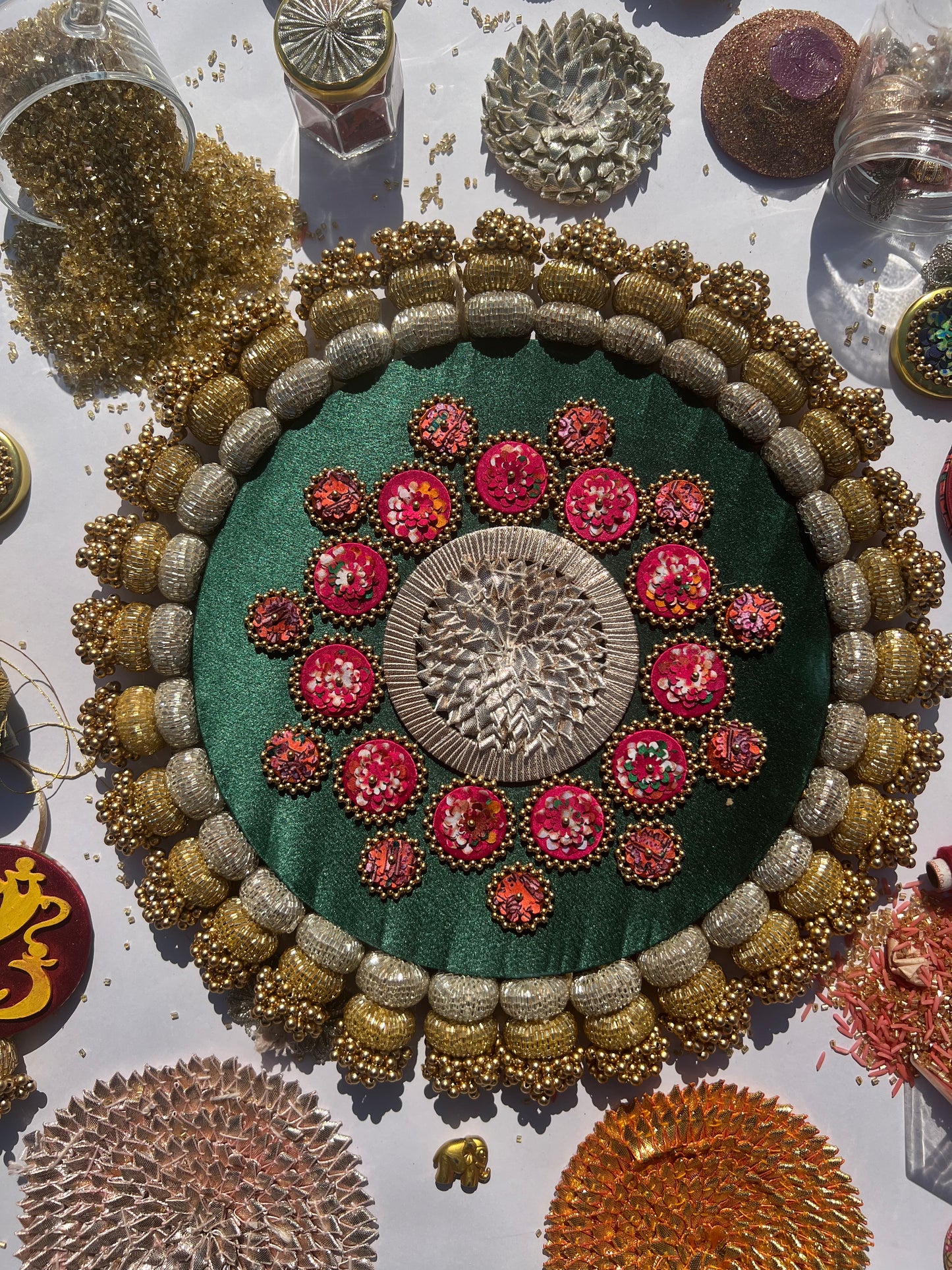 Mandala X Solid Bottle Green + Pink Colloquial Dvine Pichwai Chaandbaali Rangoli