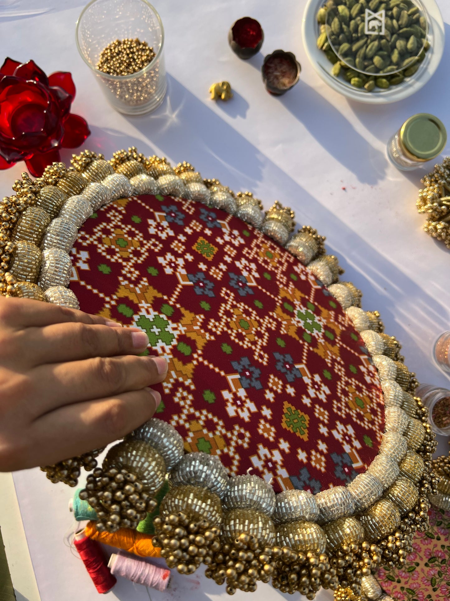 Chaandbali Maroon Navratna Patola & Inflorescence Divine Pichwai Rangoli