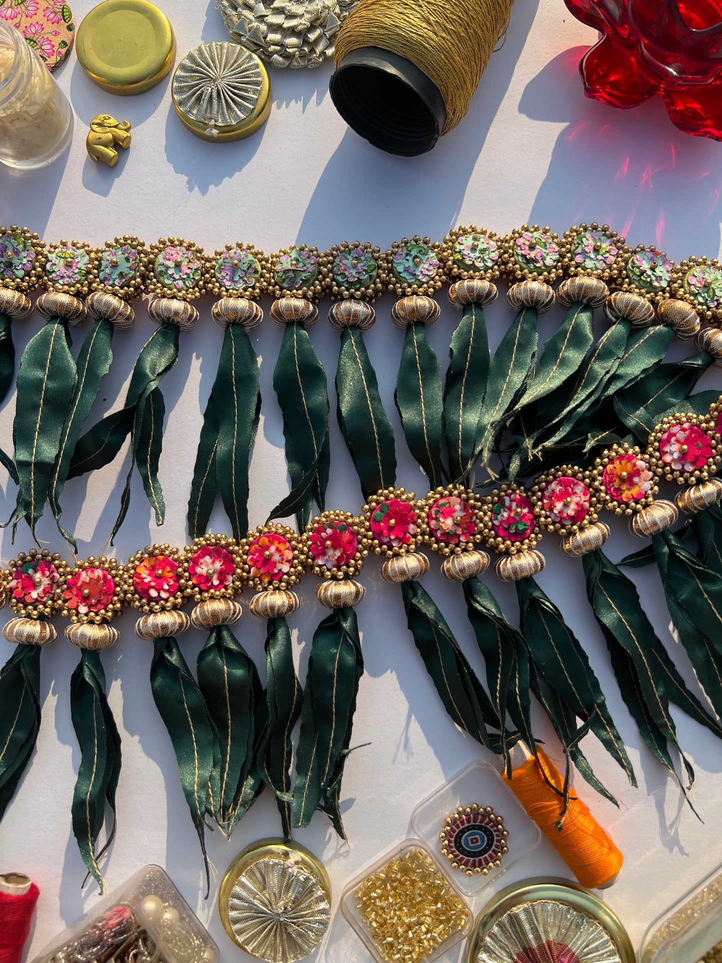 Beaded Mini Asopalav Tradition X Pink Navratna Patola & Pastel Pistachio Inflorescence Divine Pichwai Toran (FLEXIBLE)