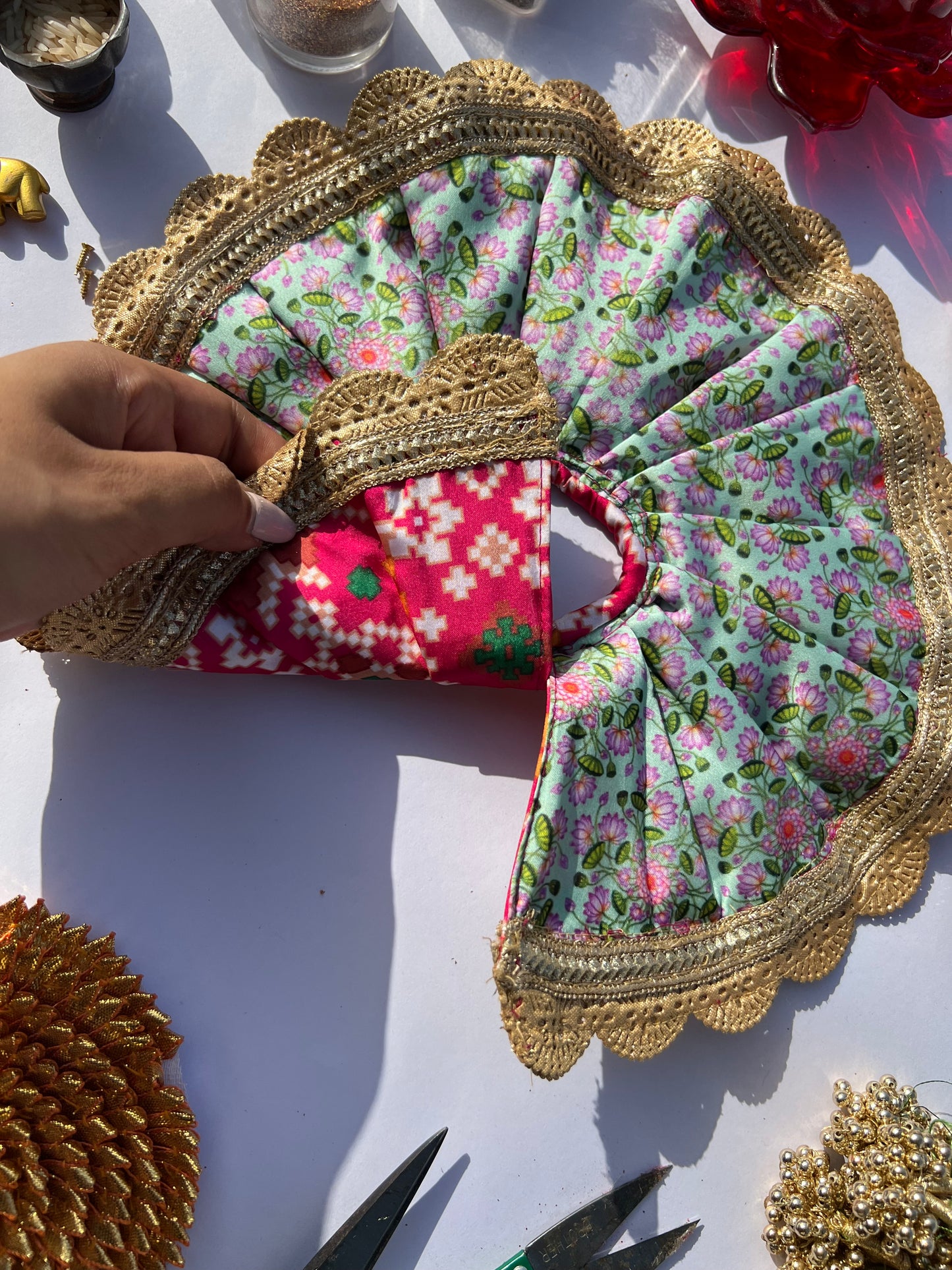 Two Way Pink Navratna Patola & Pastel Pistachio Inflorescence Divine Pichwai Scallop Poshak