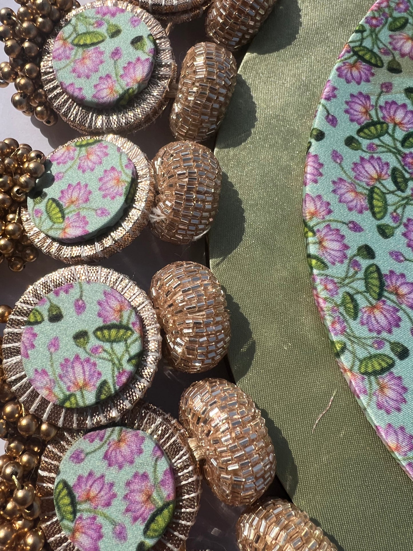 Ajrakh + Pastel Pistachio Inflorescence Divine Pichwai Glass Rhapsody Lumba Rangoli