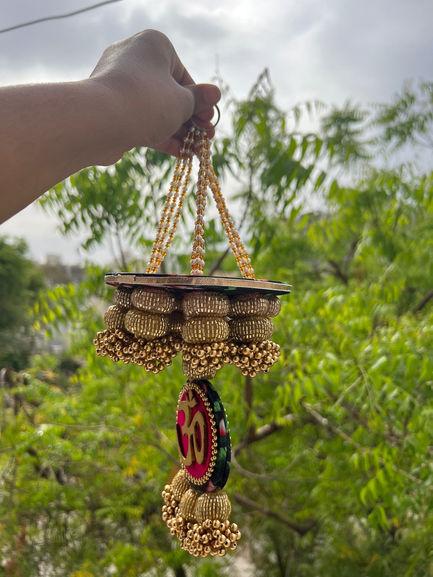 Pink Colloquial Divine Pichwai Om Pearl Hanging