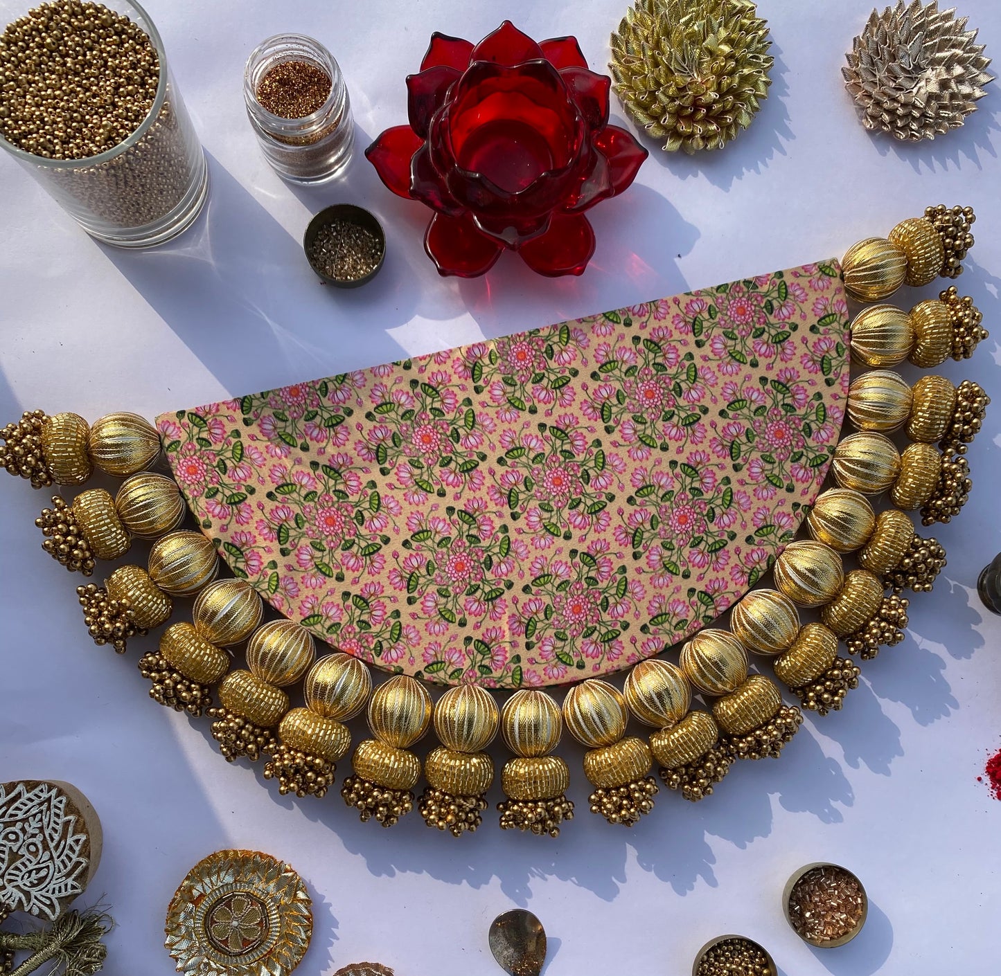Bottle Green Navratna Patola and Inflorescence Divine Pichwai Tasseled Arc Rangoli