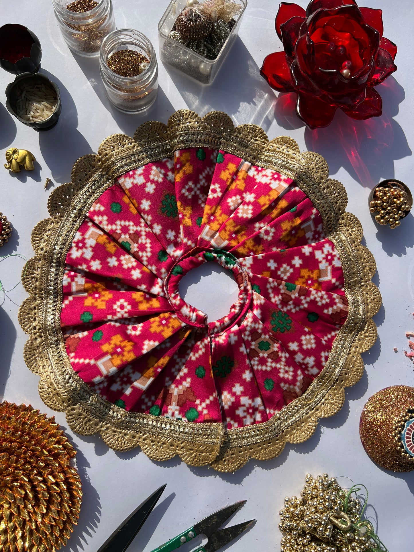 Two Way Pink Navratna Patola & Pastel Pistachio Inflorescence Divine Pichwai Scallop Poshak