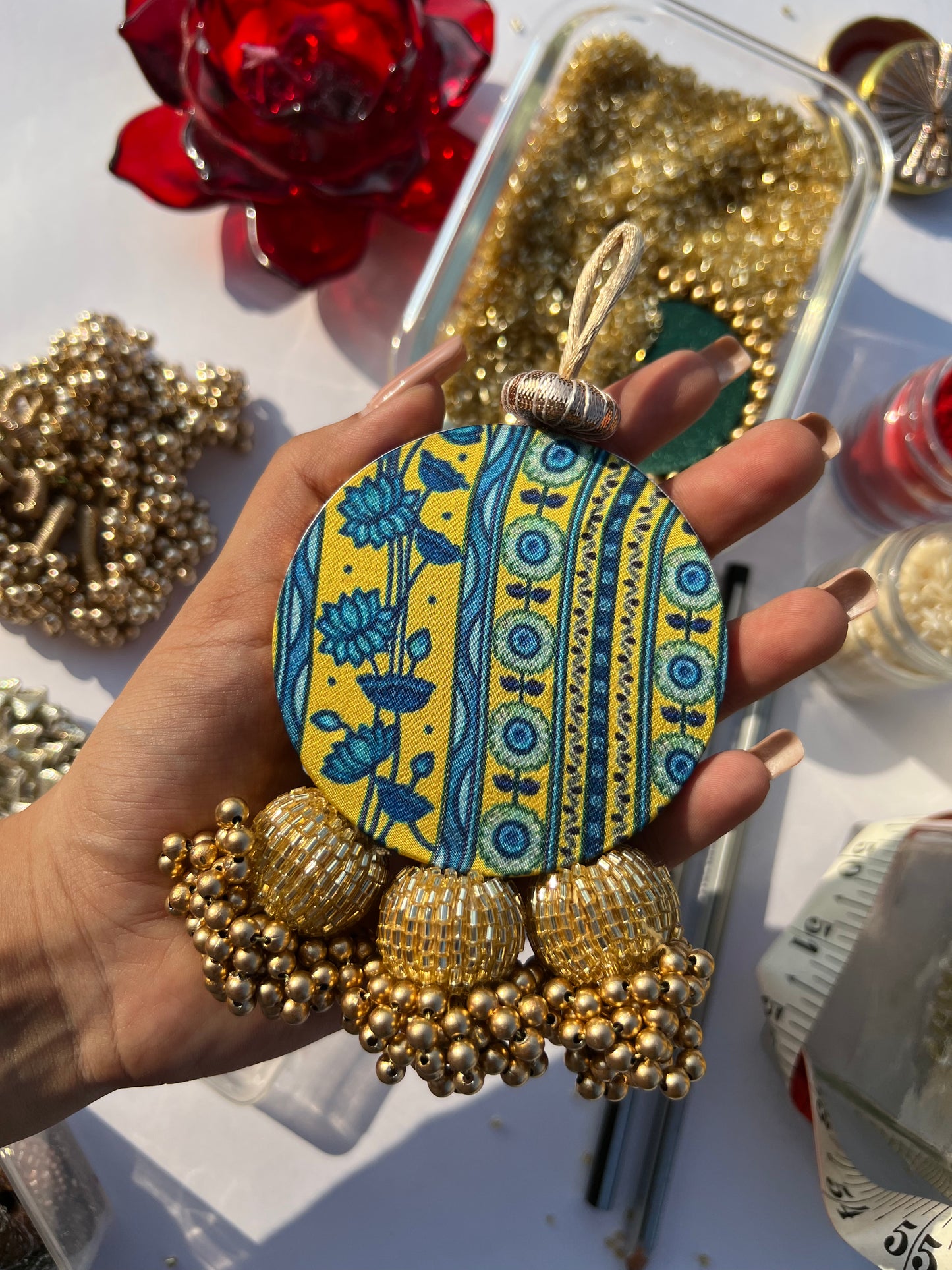 Ganesh Motif Medium Glass Beaded Charm: Congruous Divine Pichwai