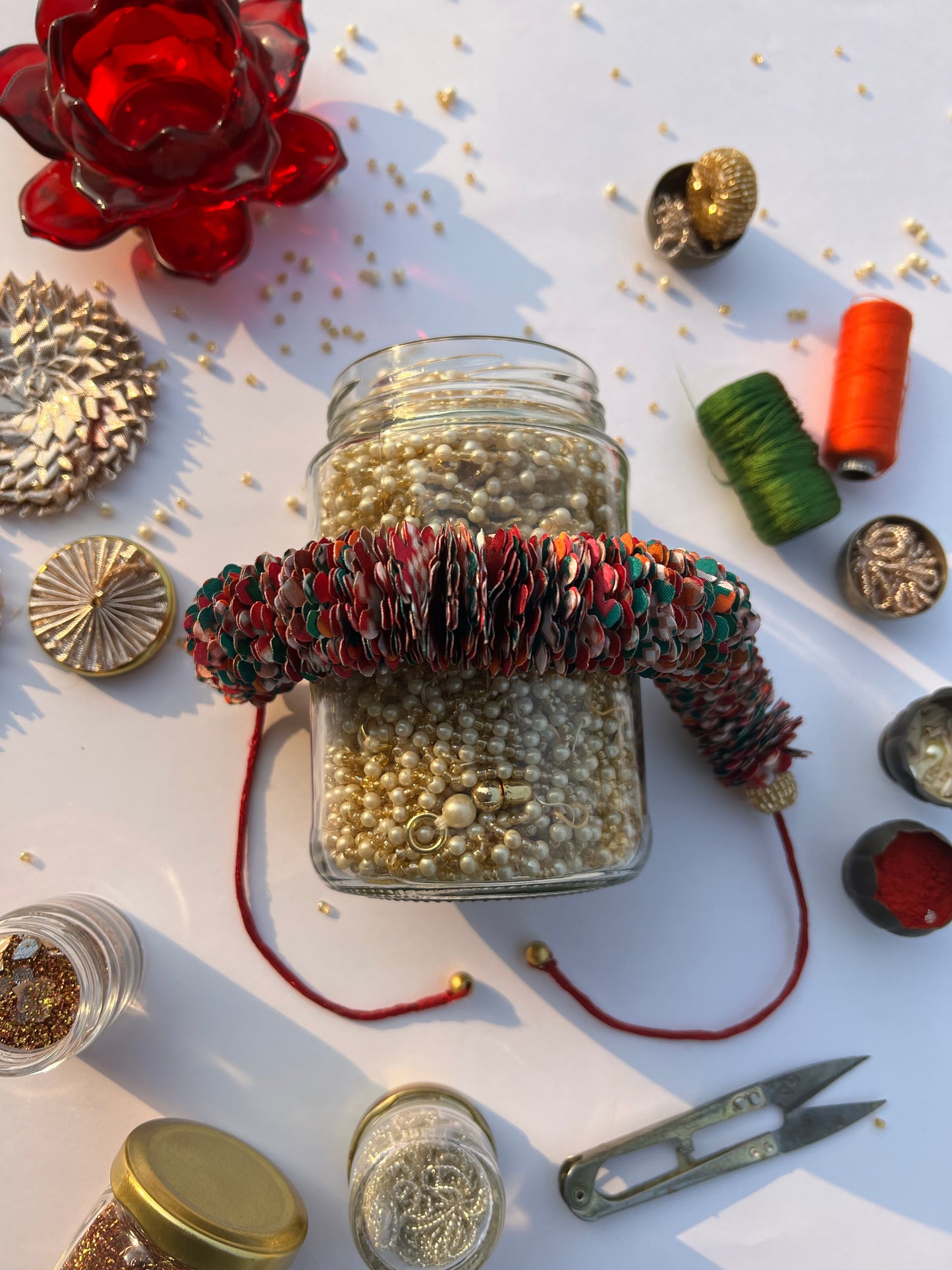 Pink & Bottle Green Navratna Patola Gajra- FLOWER GARLAND FOR HAIR