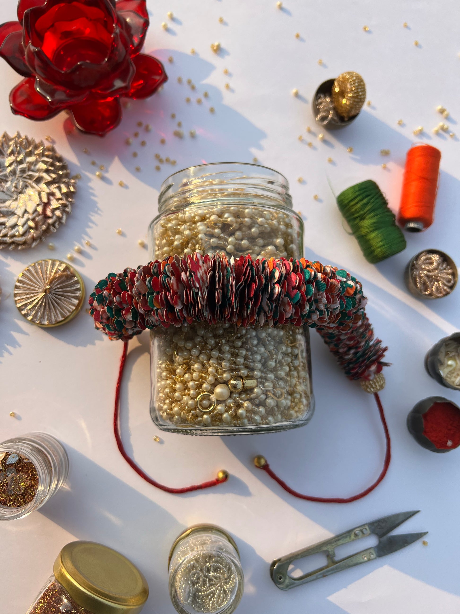 Pink & Bottle Green Navratna Patola Gajra- FLOWER GARLAND FOR HAIR