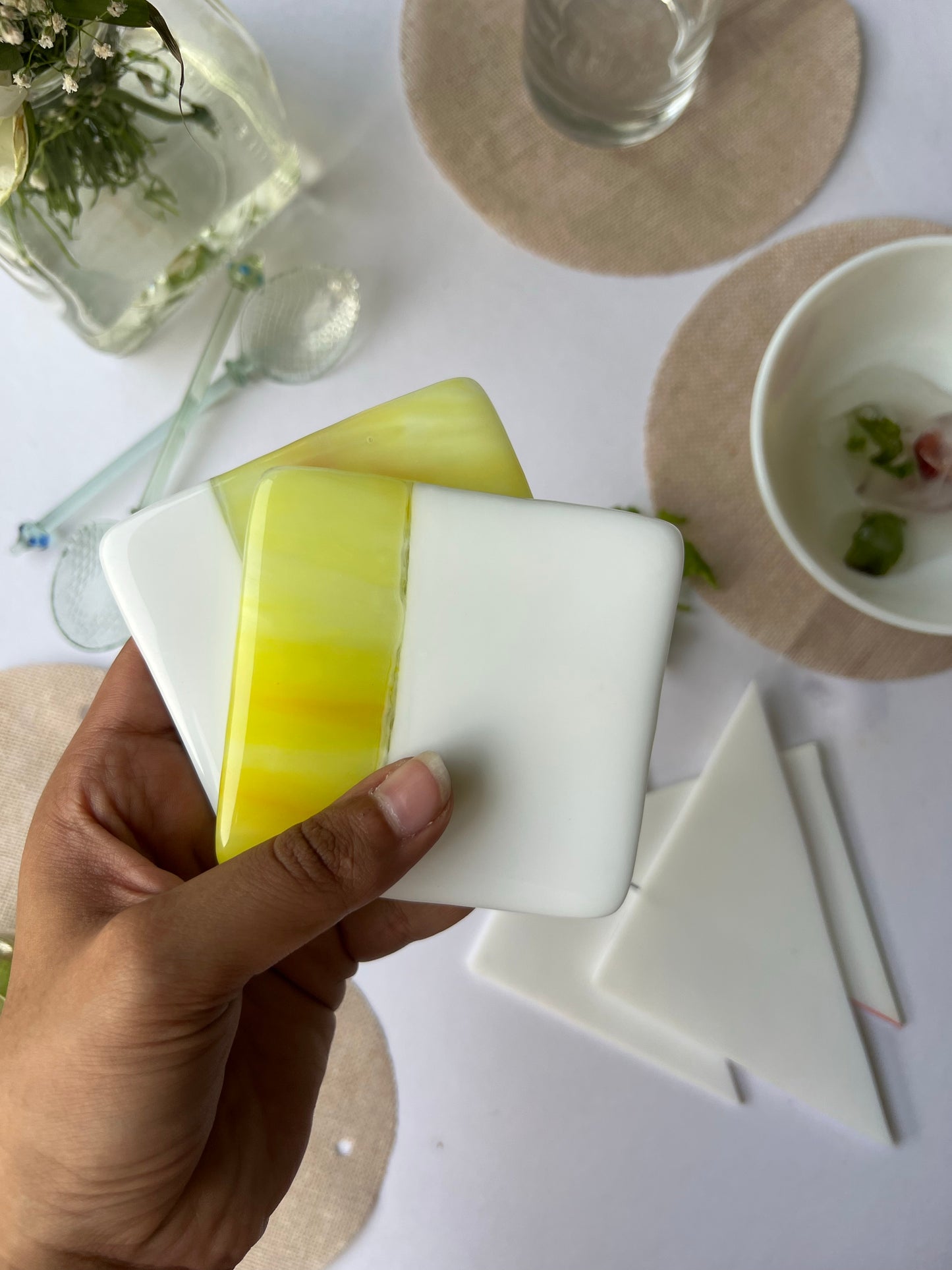 Flaxen Green & Solid Milk White Fused-Glass Coasters