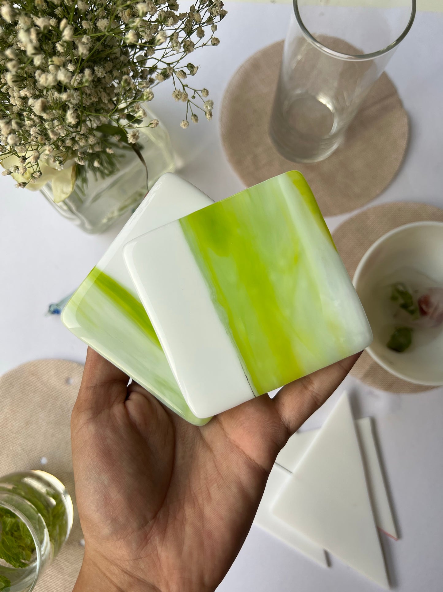 Verdure Green & Solid Milk White Fused-Glass Coasters