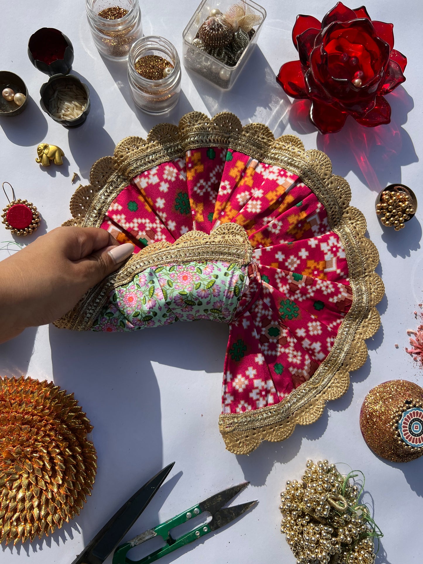 Two Way Pink Navratna Patola & Pastel Pistachio Inflorescence Divine Pichwai Scallop Poshak