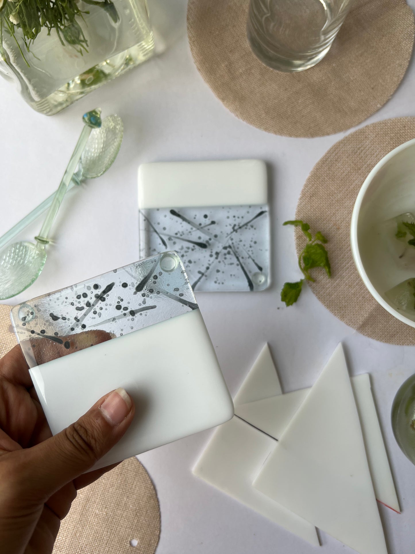 Even-steven Splash & Solid Milk White Fused-Glass Coasters