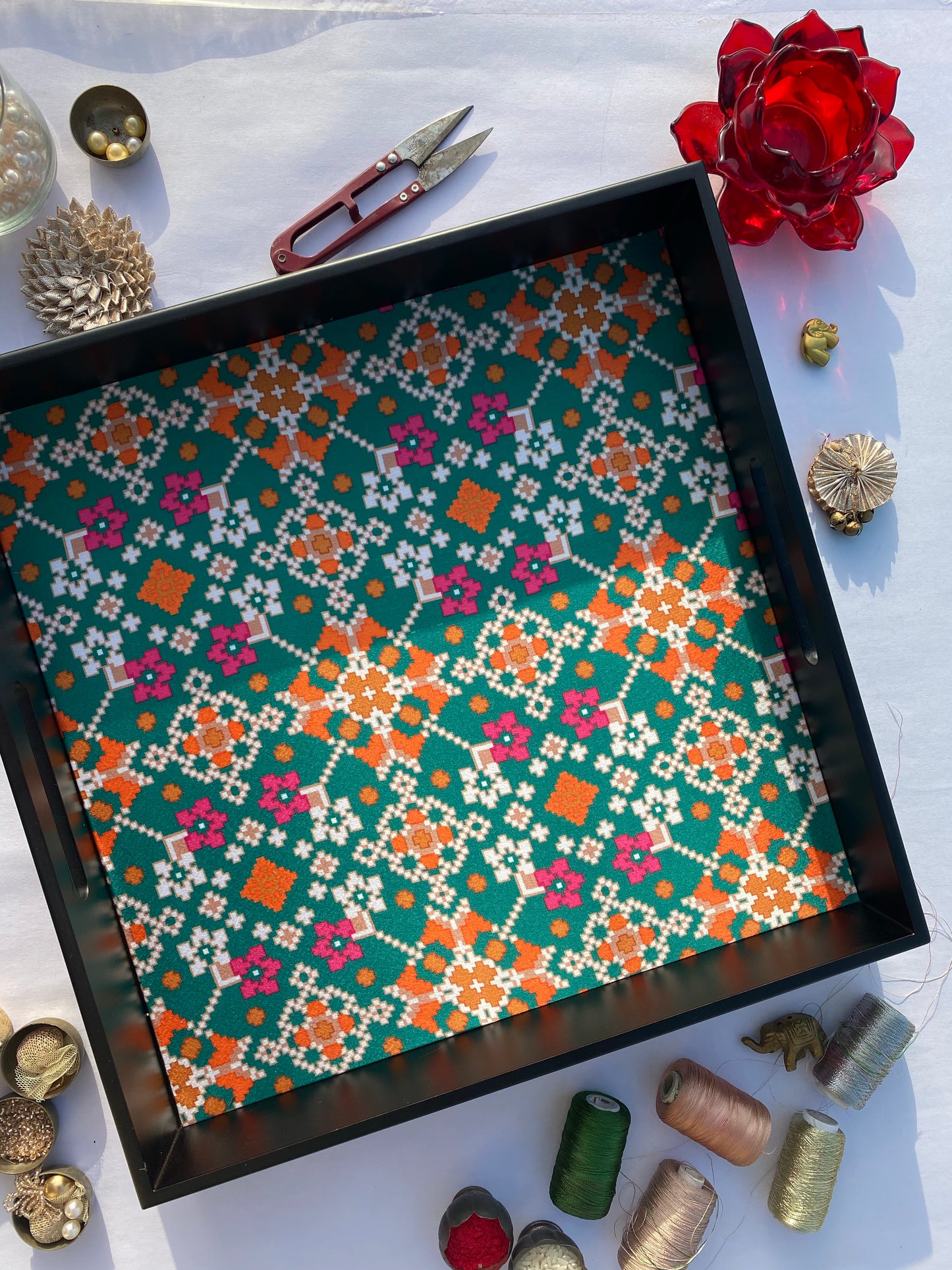 Bottle Green Navratna Patola Square Multi-Purpose Tray