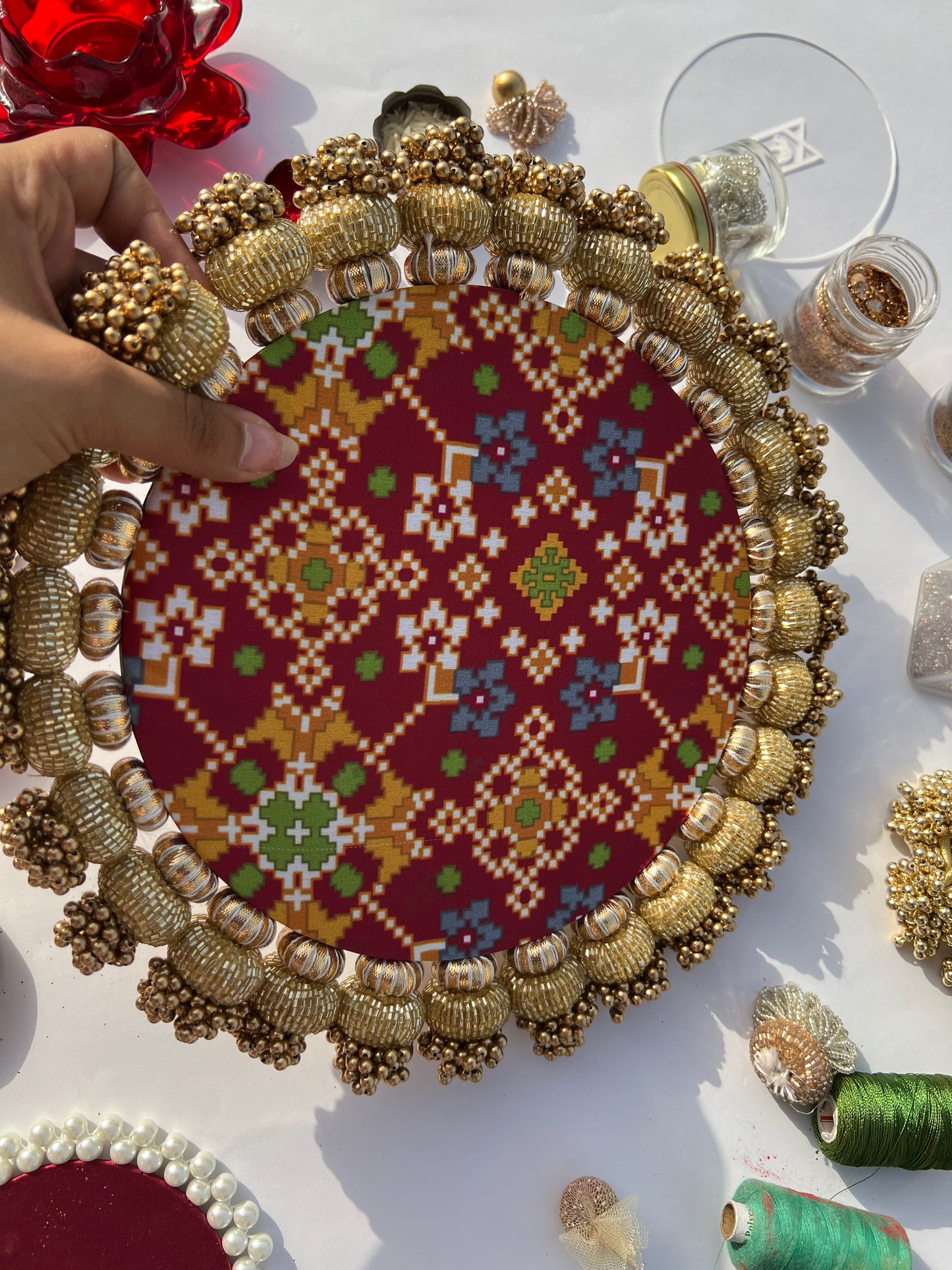 Flat Gota Chaandbali Maroon Navratna Patola & Pastel Pistachio Inflorescence Divine Pichwai Rangoli Media 1 of 4
