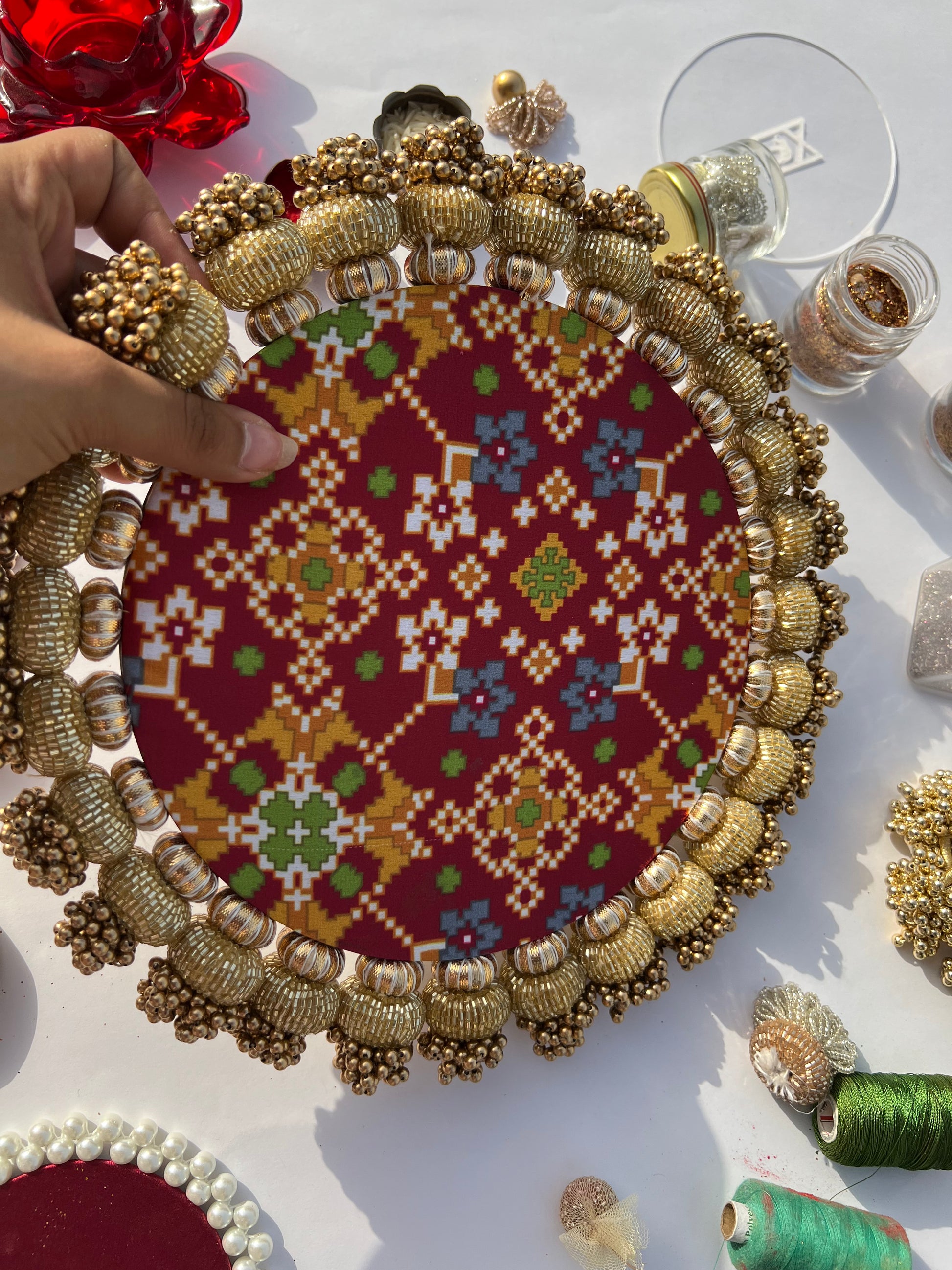 Flat Gota Chaandbali Maroon Navratna Patola & Pastel Pistachio Inflorescence Divine Pichwai Rangoli Media 1 of 4
