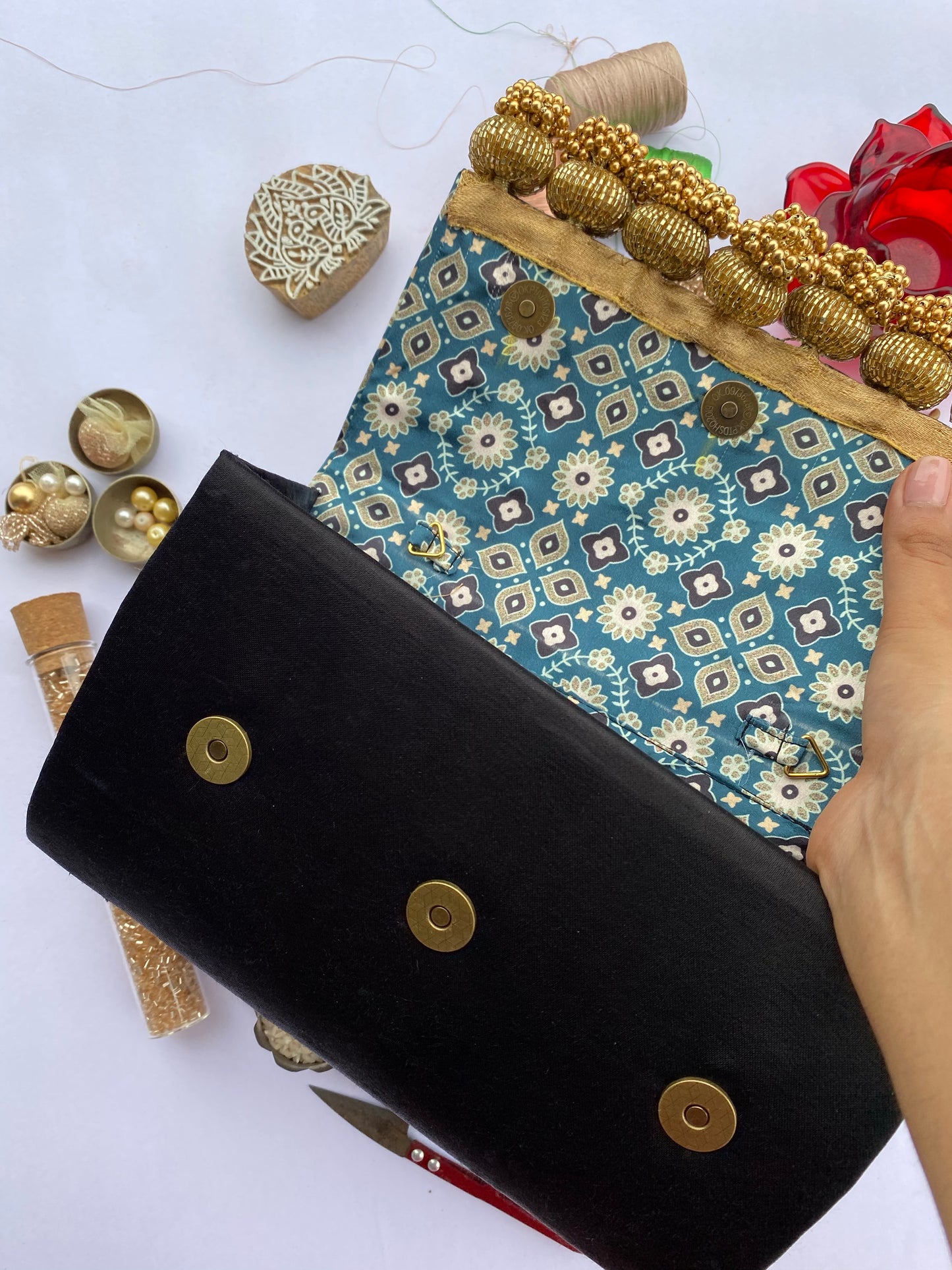 Set of 3 Micro Beaded Clutch X Solid Complimenting Silk