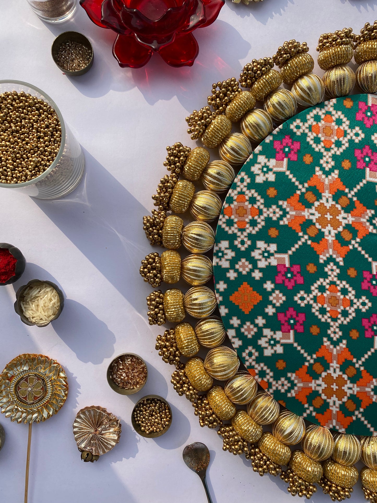 Bottle Green Navratna Patola and Inflorescence Divine Pichwai Tasseled Arc Rangoli