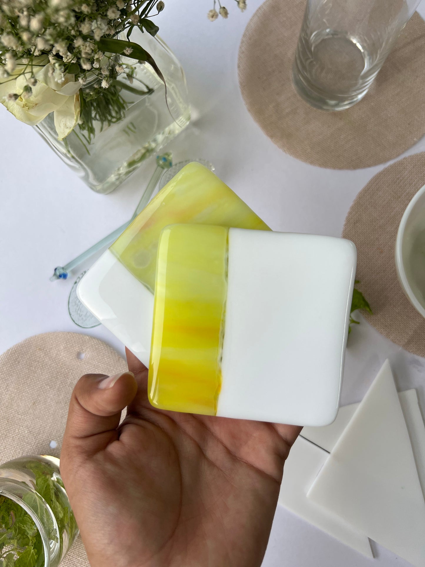 Flaxen Green & Solid Milk White Fused-Glass Coasters
