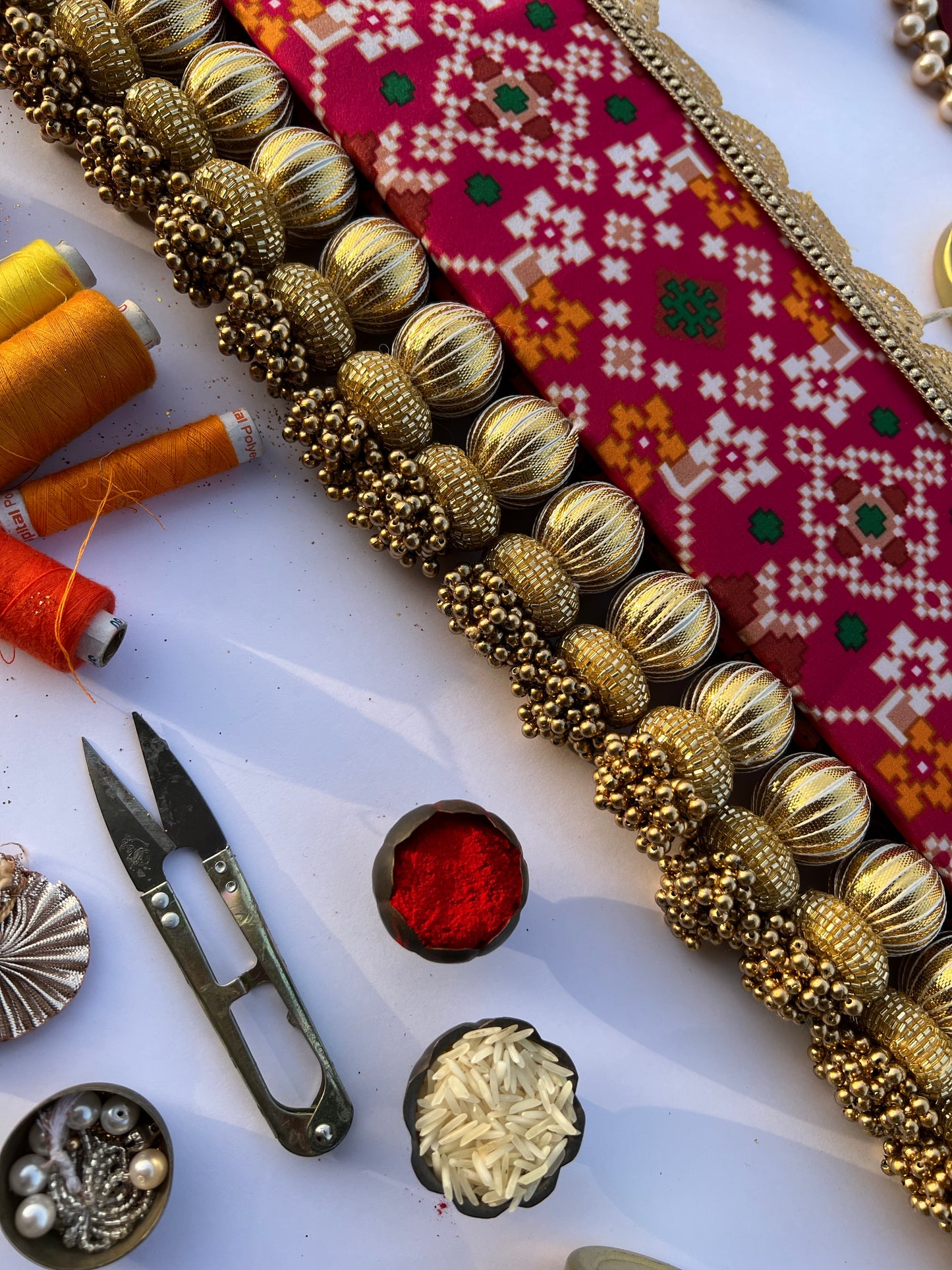 Vermillion Pichwai and Pink Navratna Patola Tasseled Toran