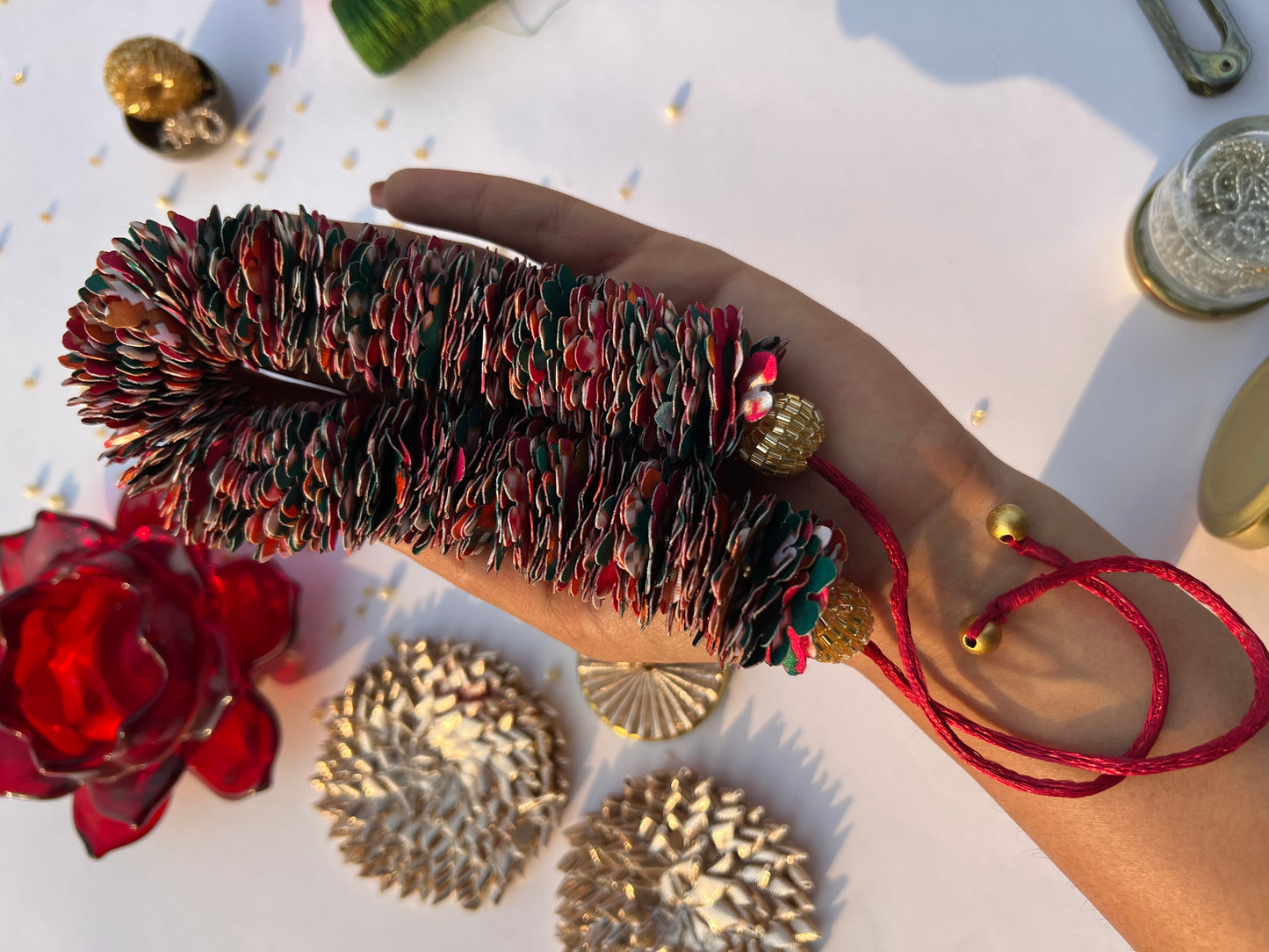 Pink & Bottle Green Navratna Patola Gajra- FLOWER GARLAND FOR HAIR