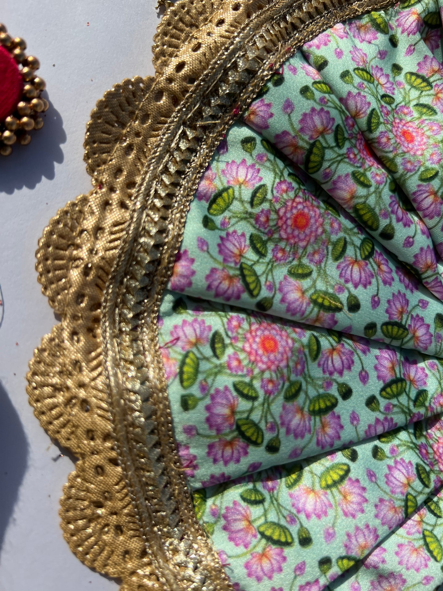 Two Way Pink Navratna Patola & Pastel Pistachio Inflorescence Divine Pichwai Scallop Poshak