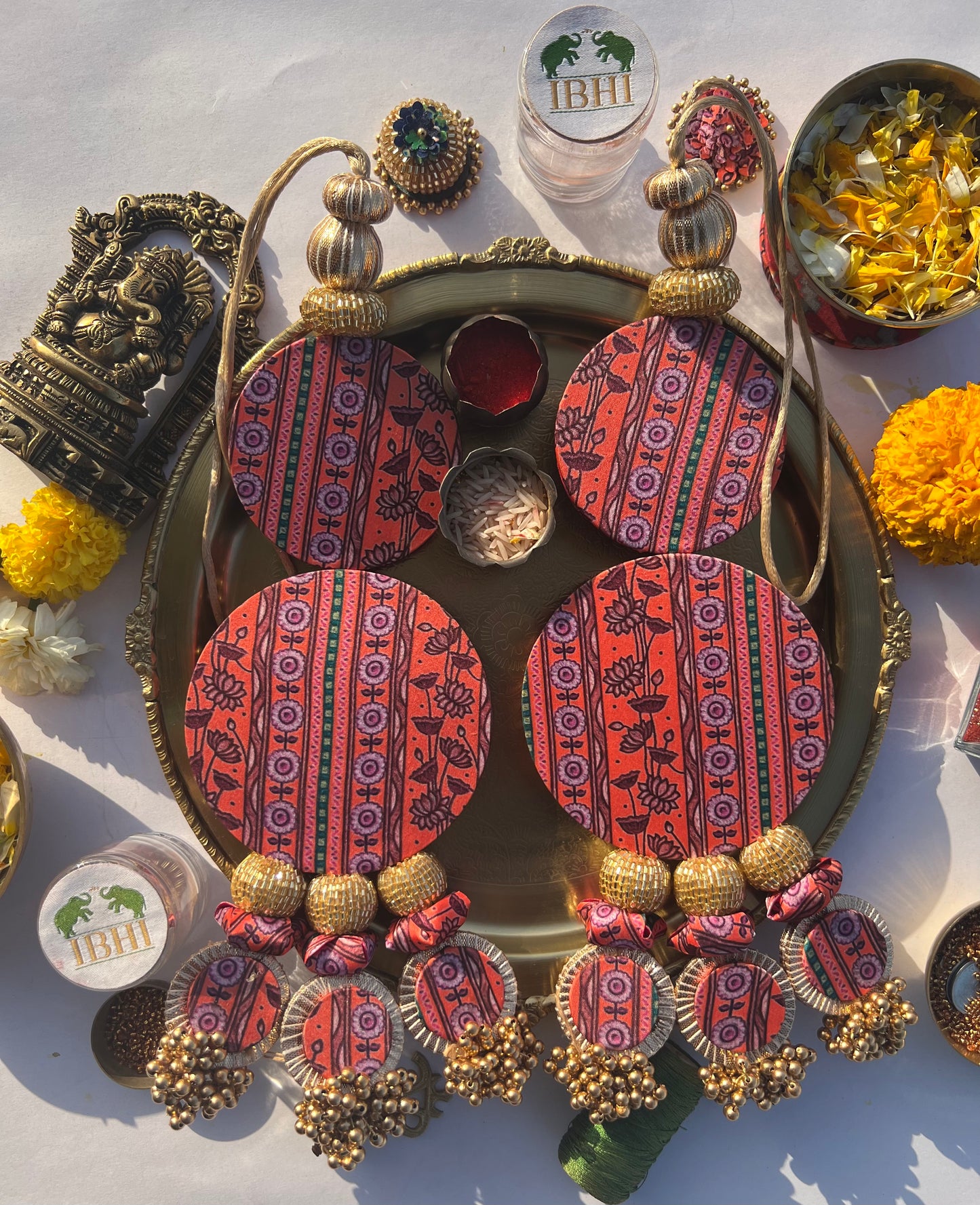 Vermillion Congruous Divine Pichwai Shubh Labh Floral Danglers