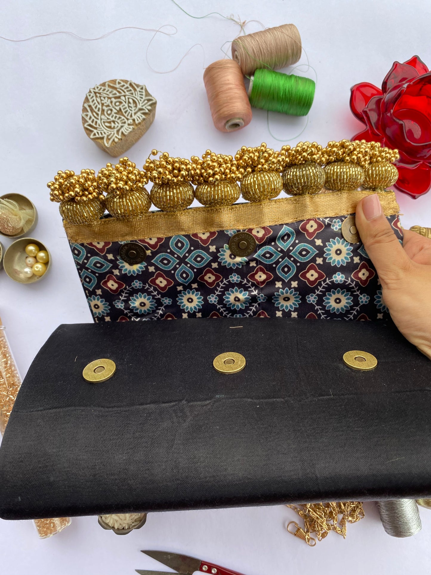 Set of 3 Micro Beaded Clutch X Solid Complimenting Silk