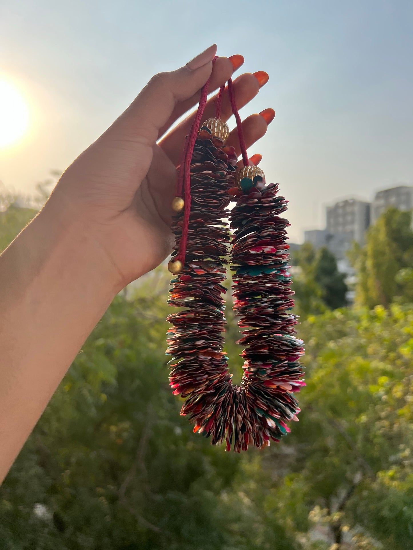 Pink & Bottle Green Navratna Patola Gajra- FLOWER GARLAND FOR HAIR