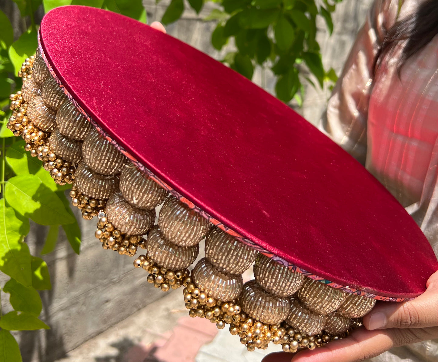 Vermillion Congruous Divine Pichwai + Solid Maroon Dangler Platter (Large)