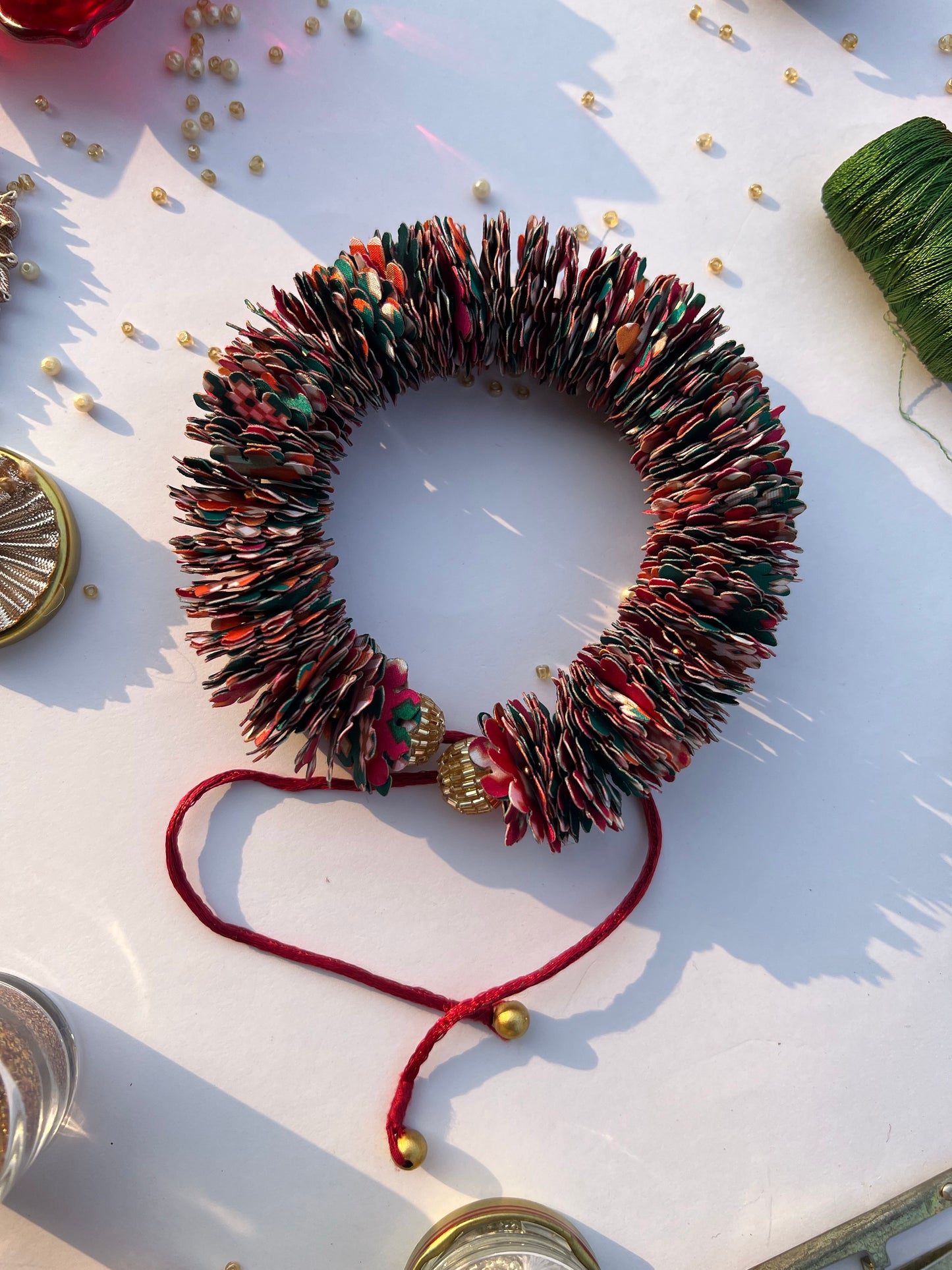 Pink & Bottle Green Navratna Patola Gajra- FLOWER GARLAND FOR HAIR