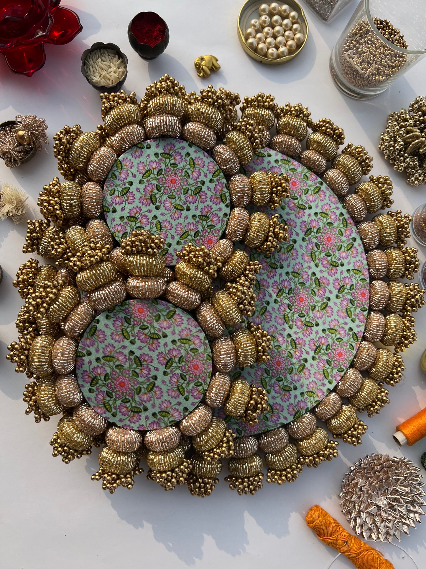 Chaandbali Pastel Pistachio Pichwai and Flare MORBANI THANGAT KARE Rangoli + Diya Pallets