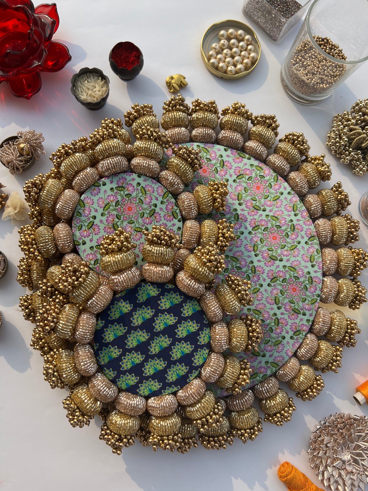 Chaandbali Pastel Pistachio Pichwai and Flare MORBANI THANGAT KARE Rangoli + Diya Pallets