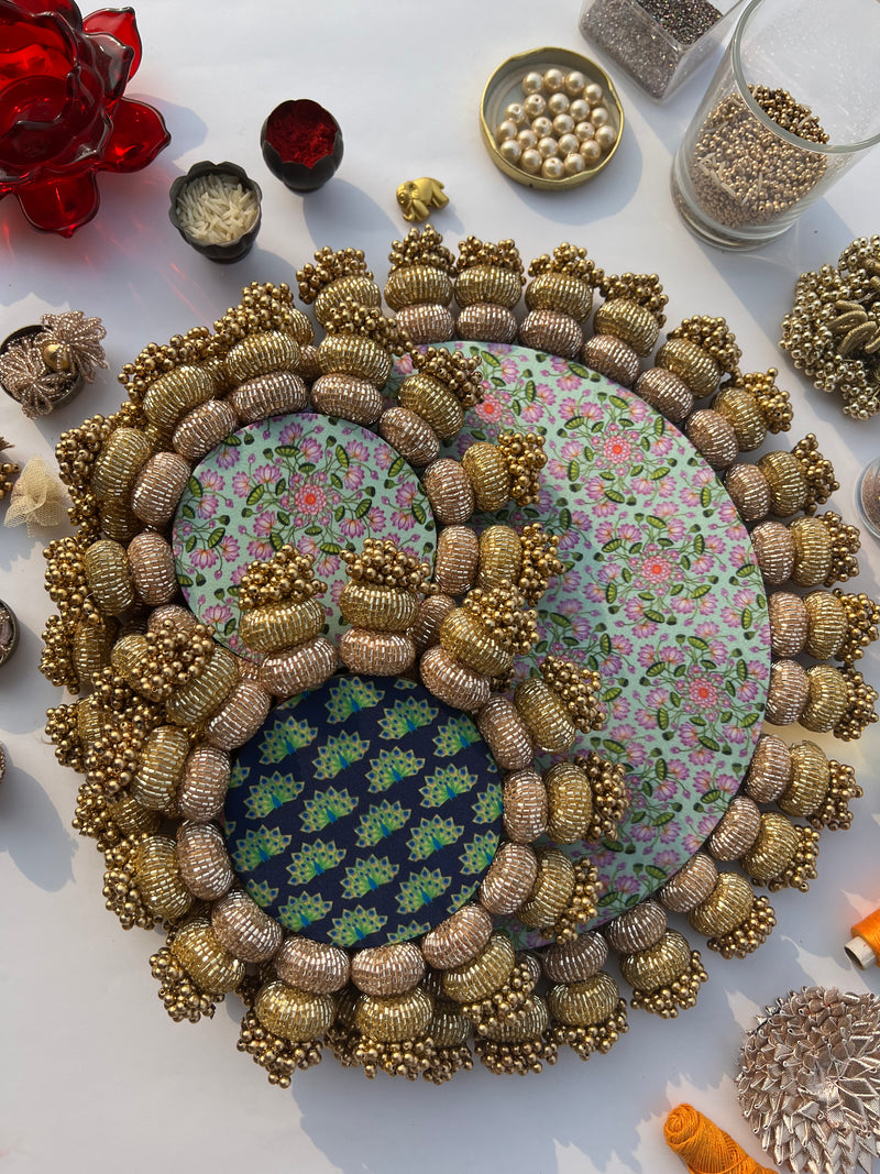 Chaandbali Pastel Pistachio Pichwai and Flare MORBANI THANGAT KARE Rangoli + Diya Platters