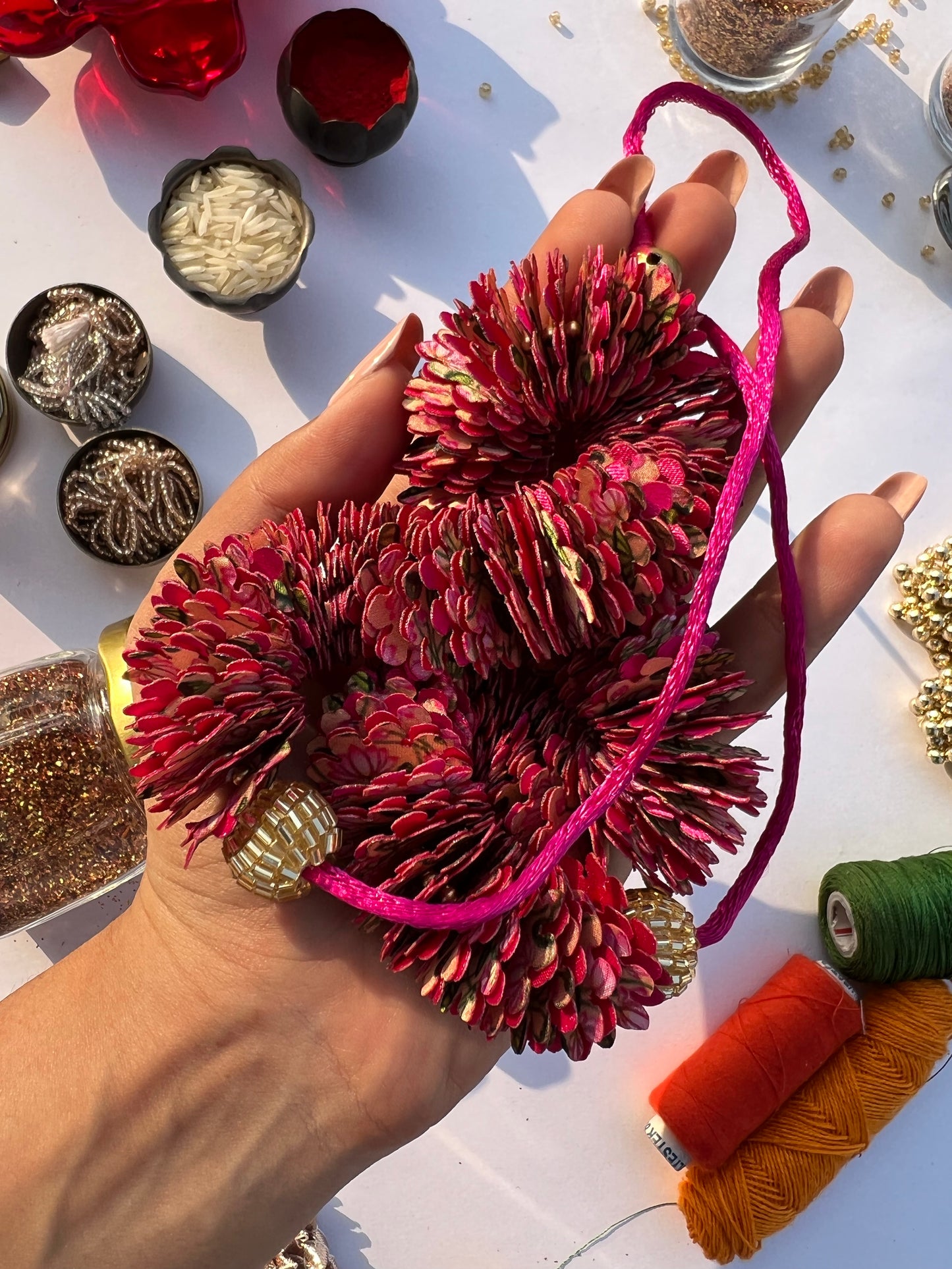 Pichwai & Solid Pink Gajra- FLOWER GARLAND FOR HAIR