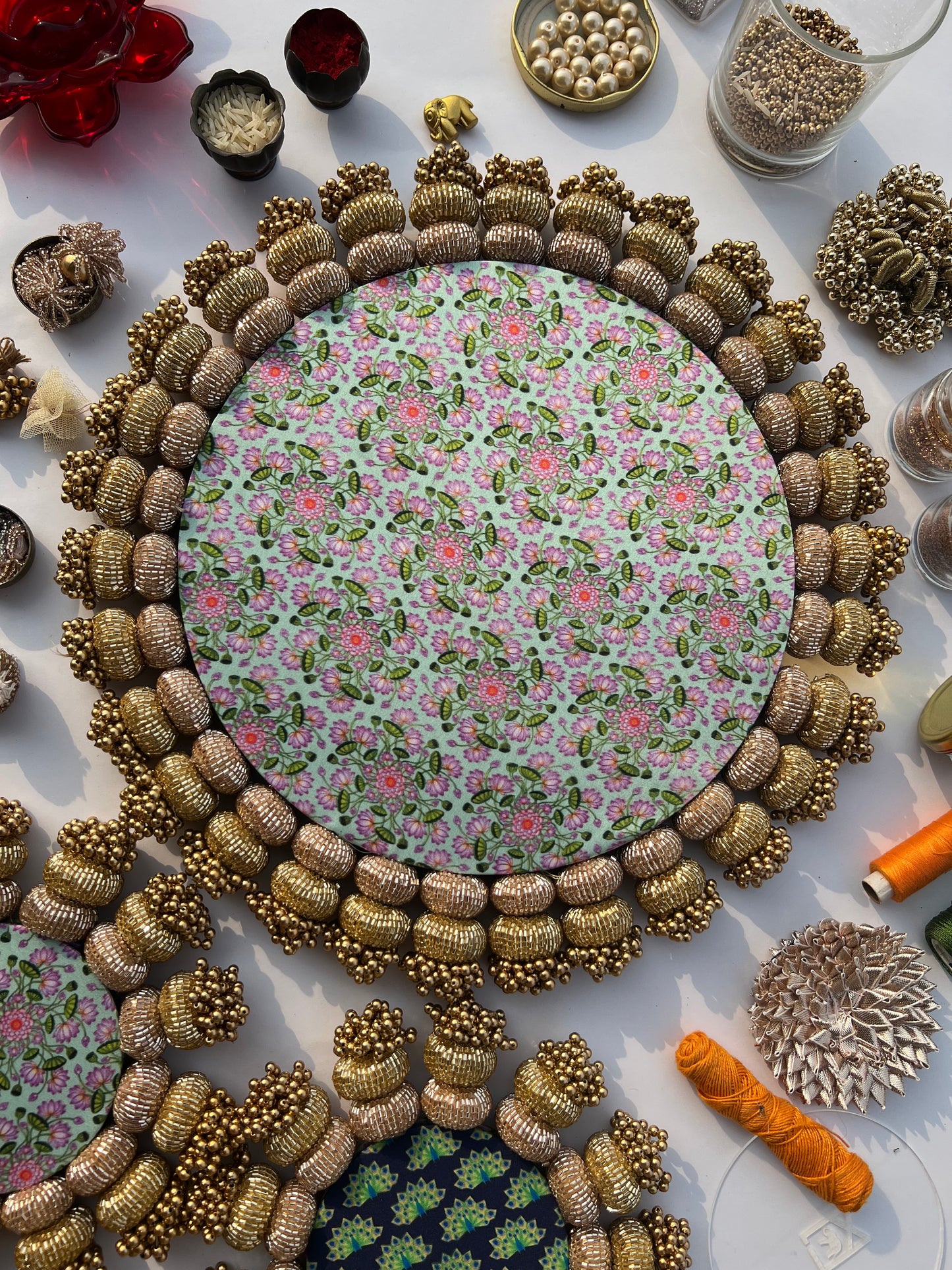 Chaandbali Pastel Pistachio Pichwai and Flare MORBANI THANGAT KARE Rangoli + Diya Pallets
